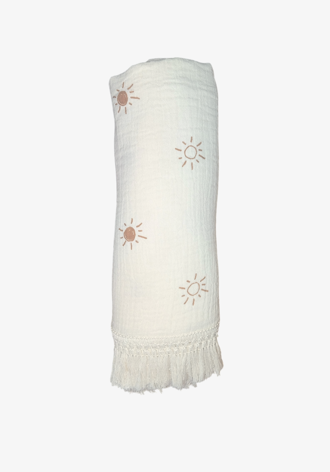 White baby blanket with hand-drawn brown sun print and cream fringe, crafted from cotton and bamboo blend.