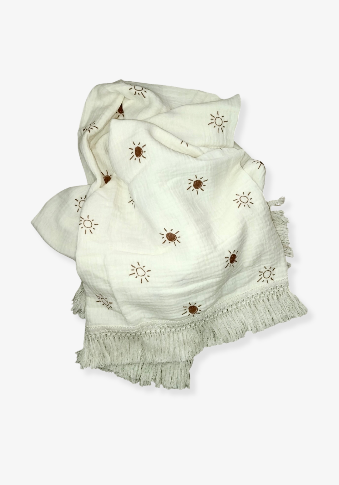 White baby blanket with hand-drawn brown sun print and cream fringe, crafted from cotton and bamboo blend.