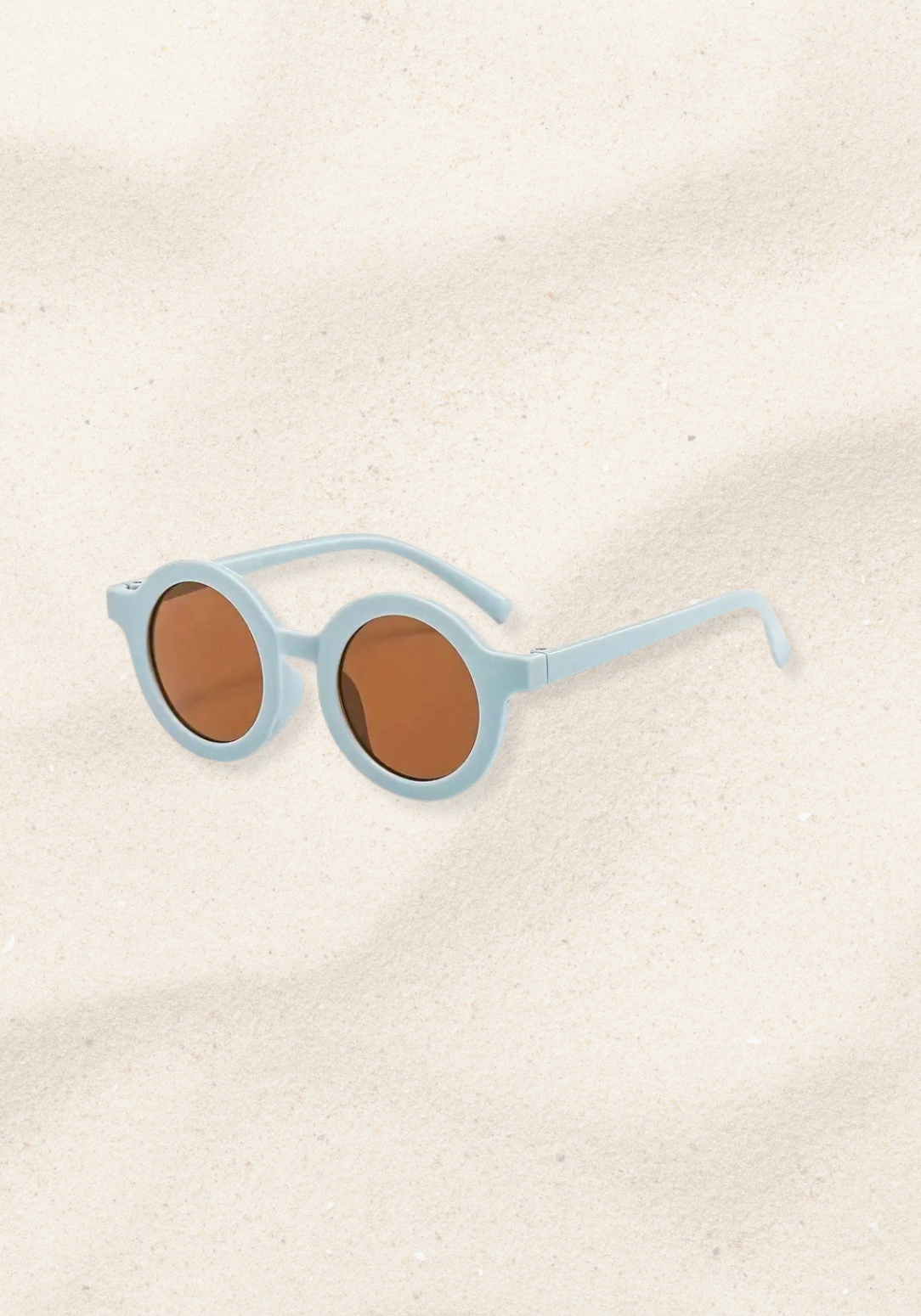 Sky blue toddler sunglasses with rounded brown lenses and durable lightweight frame.