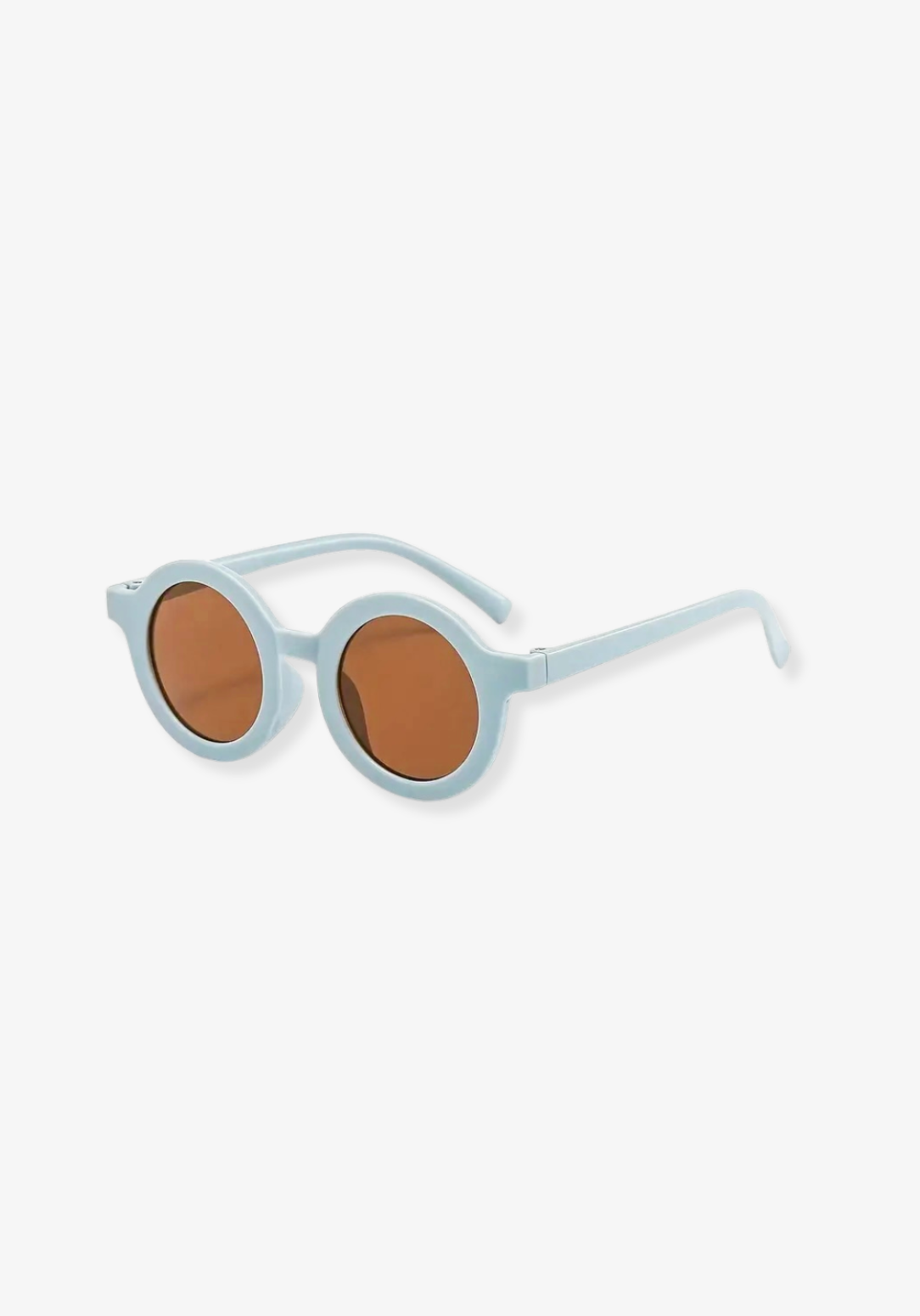 Sky blue toddler sunglasses with rounded brown lenses and durable lightweight frame.