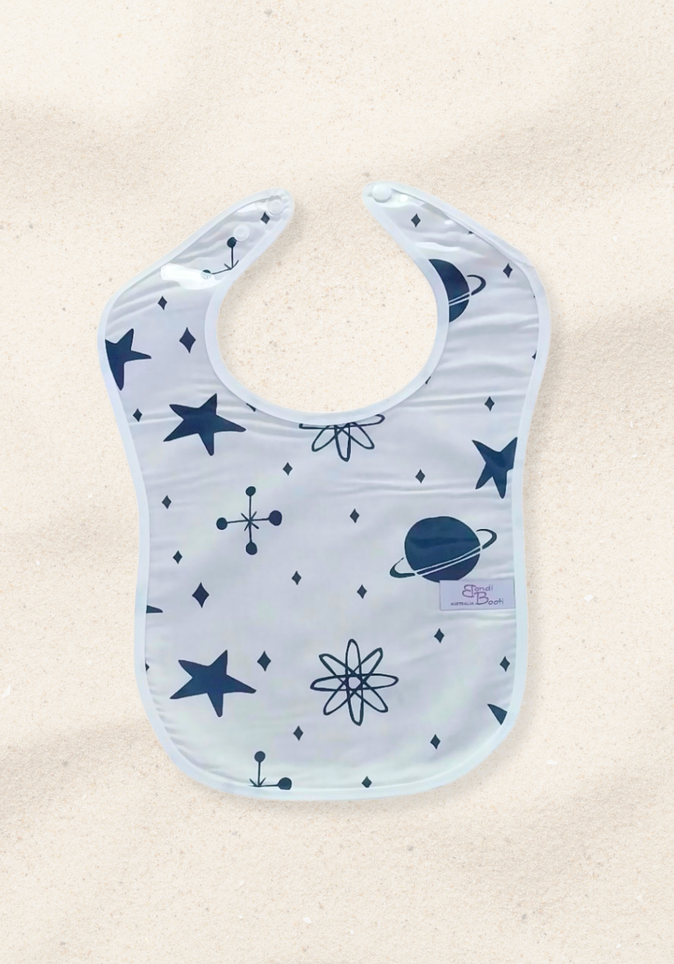Laminated baby bib with space and planet design