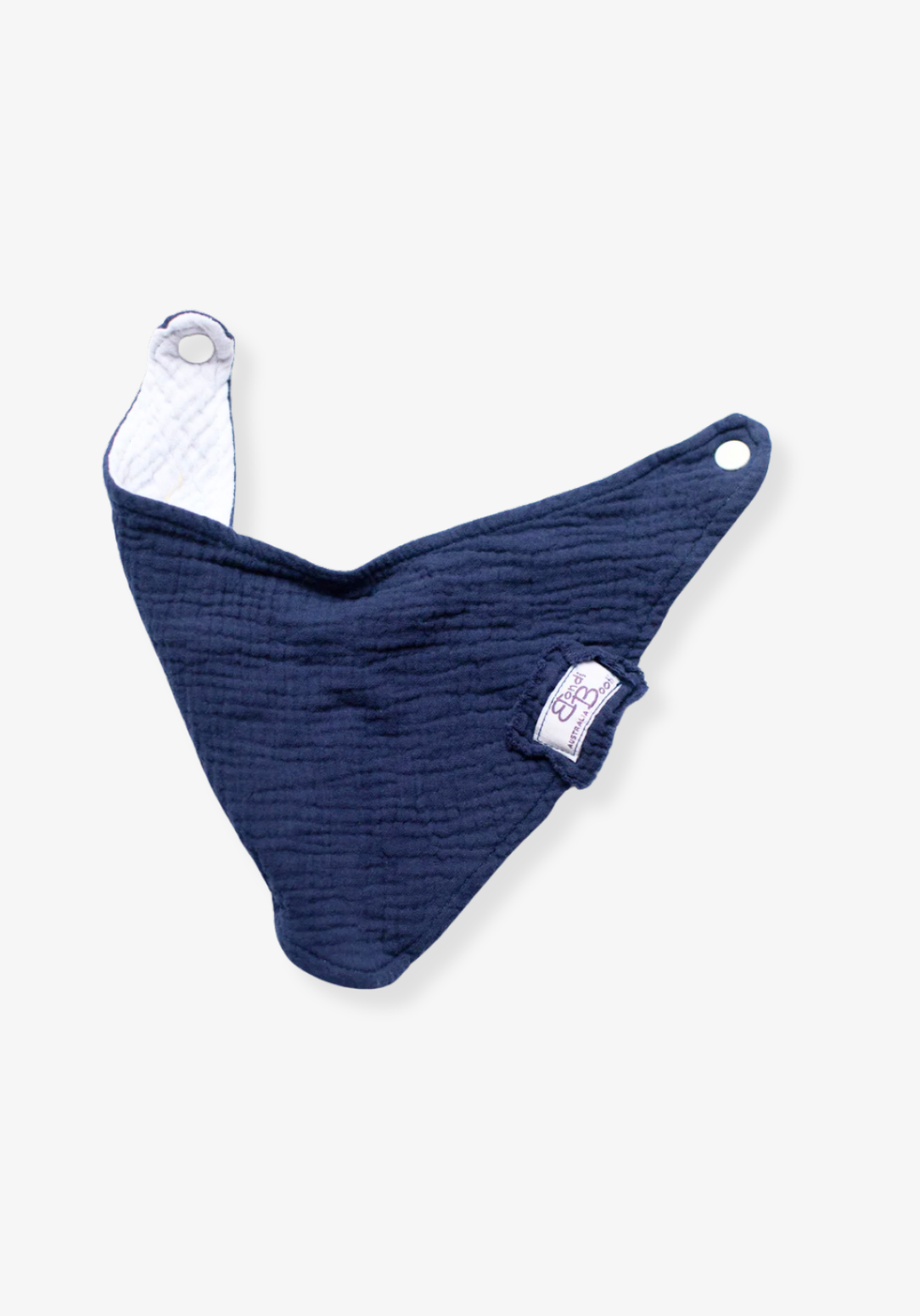 Soft navy organic cotton baby bandana bib with absorbent inner lining and adjustable snap.