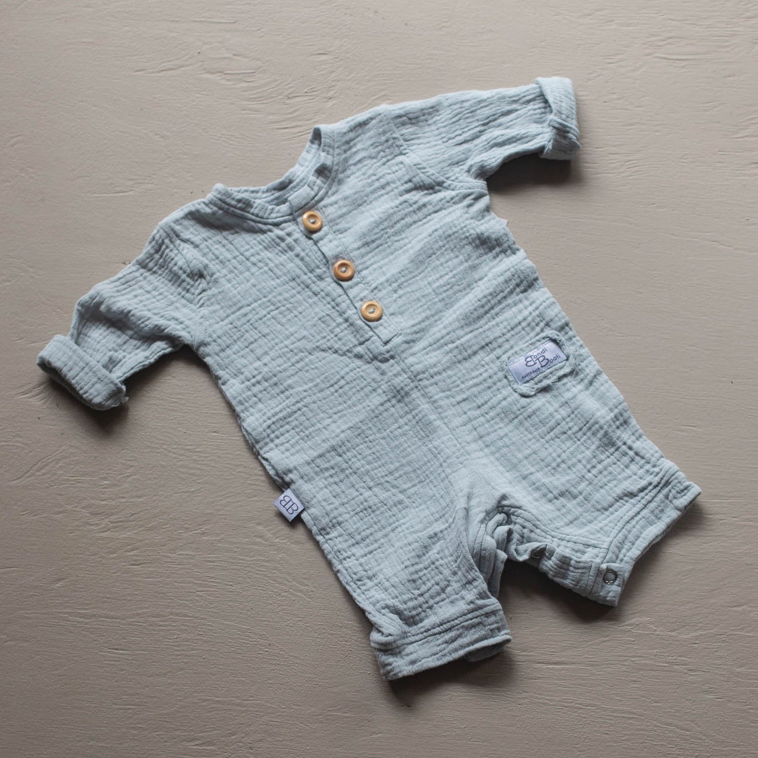 grey blue long sleeve baby onesie