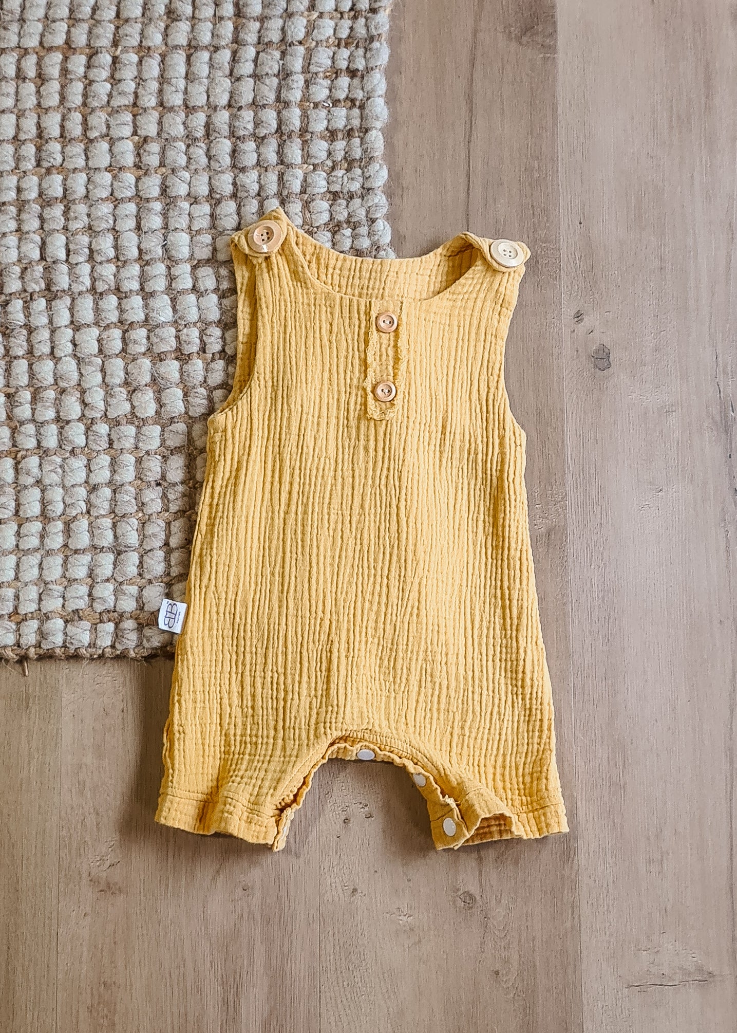 Organic cotton baby romper mustard yellow overalls