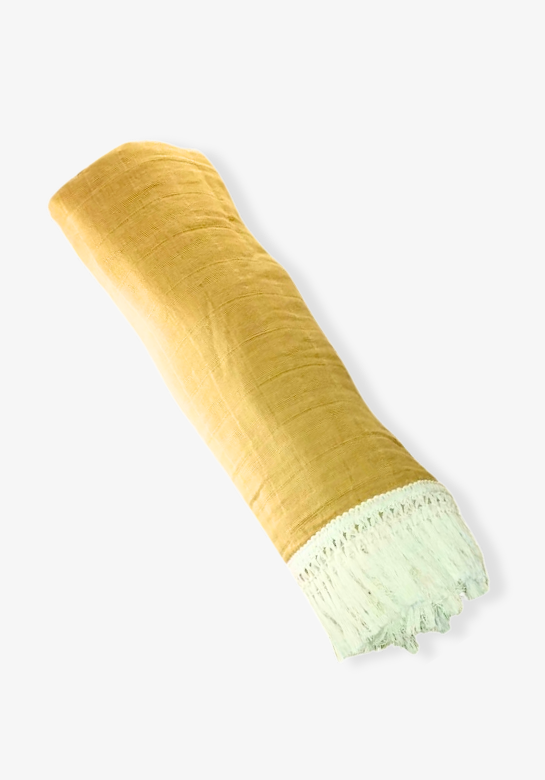 Rolled golden yellow cotton baby blanket with white fringed edges, displayed on a light gray background.