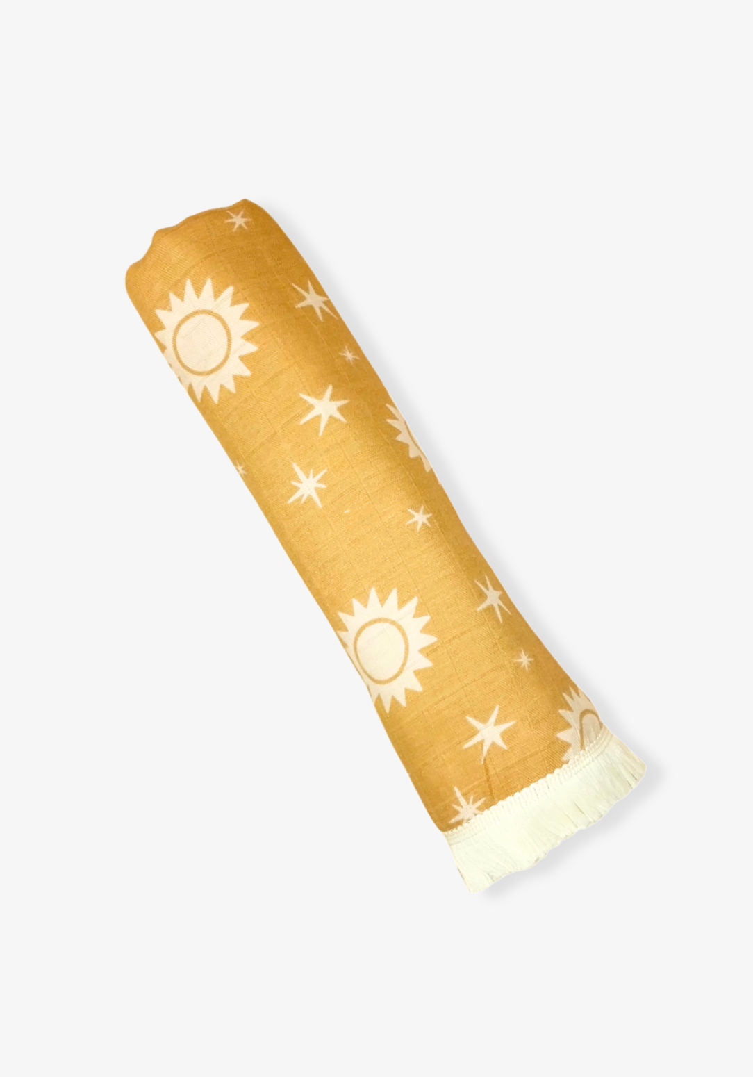 Mustard yellow baby blanket with sun and star print, finished with ivory fringe trim. Lightweight cotton bamboo blend.
