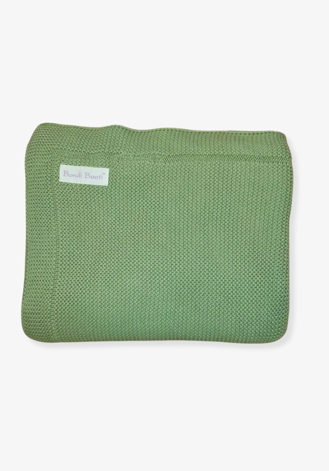 Folded green knitted baby blanket with a “Bondi Booti” label, placed on a light gray background.