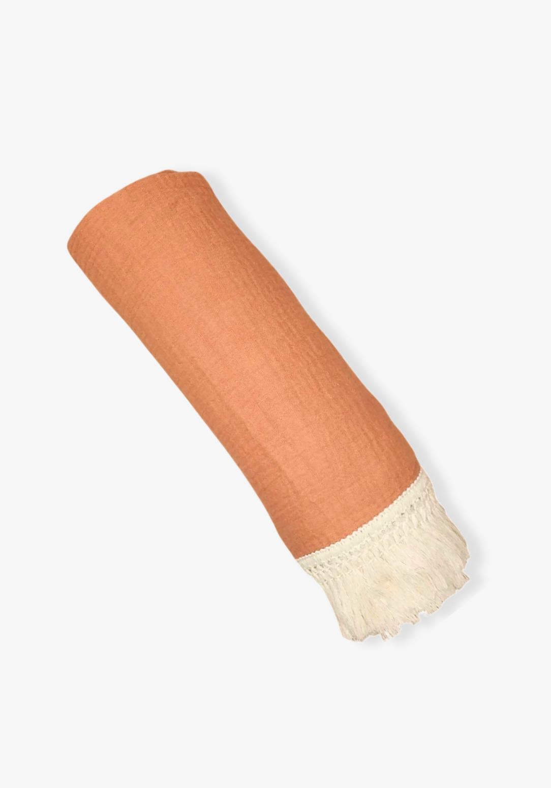 Solid terracotta baby blanket made of soft cotton bamboo fabric with vintage cream fringe detailing.
