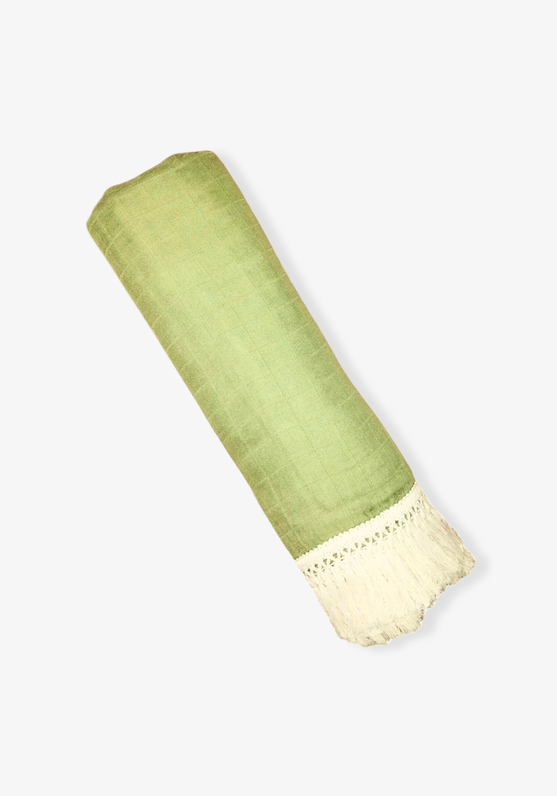 Soft green cotton baby blanket with ivory fringe, made from breathable cotton-bamboo fabric. Lightweight and cozy.