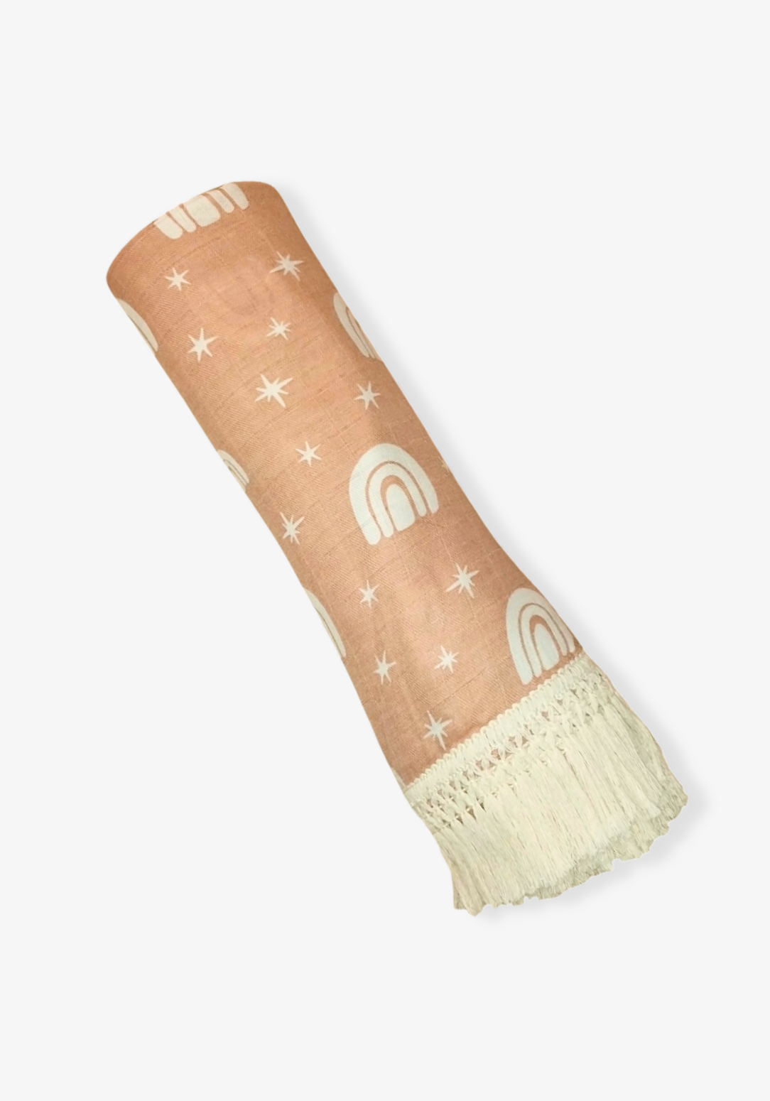Peach baby blanket with white rainbow and star patterns, edged with cream fringe. Perfect for cozy snuggles.
