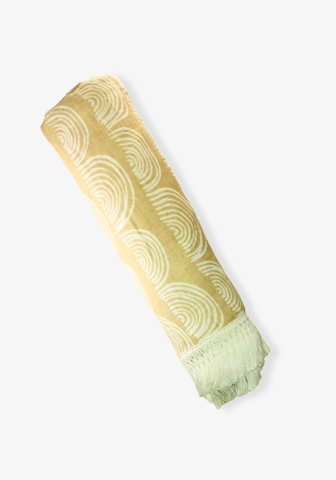 Rolled light beige baby blanket with white arched rainbow patterns and fringe edges. Soft cotton-bamboo blend perfect for newborns.