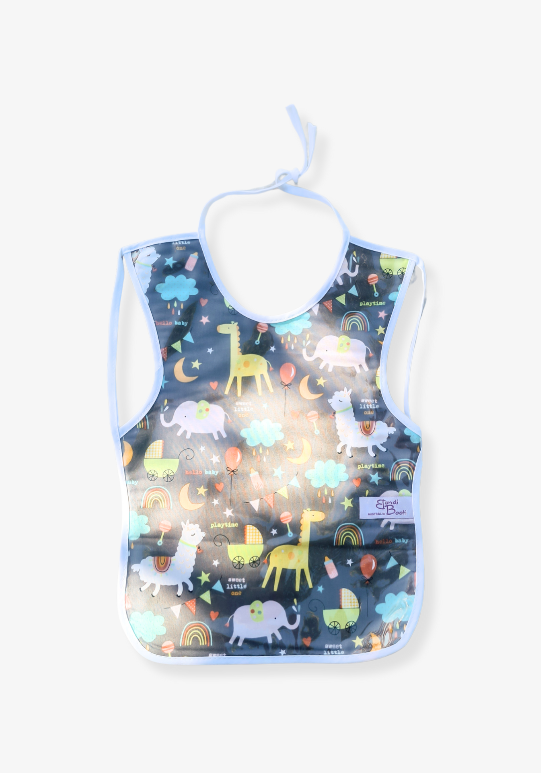 Laminated toddler feeding bib with a whimsical nighttime animal design, featuring giraffes, elephants, rainbows, and clouds on a dark grey background, with white trim and tie closure, laid flat on a grey background.