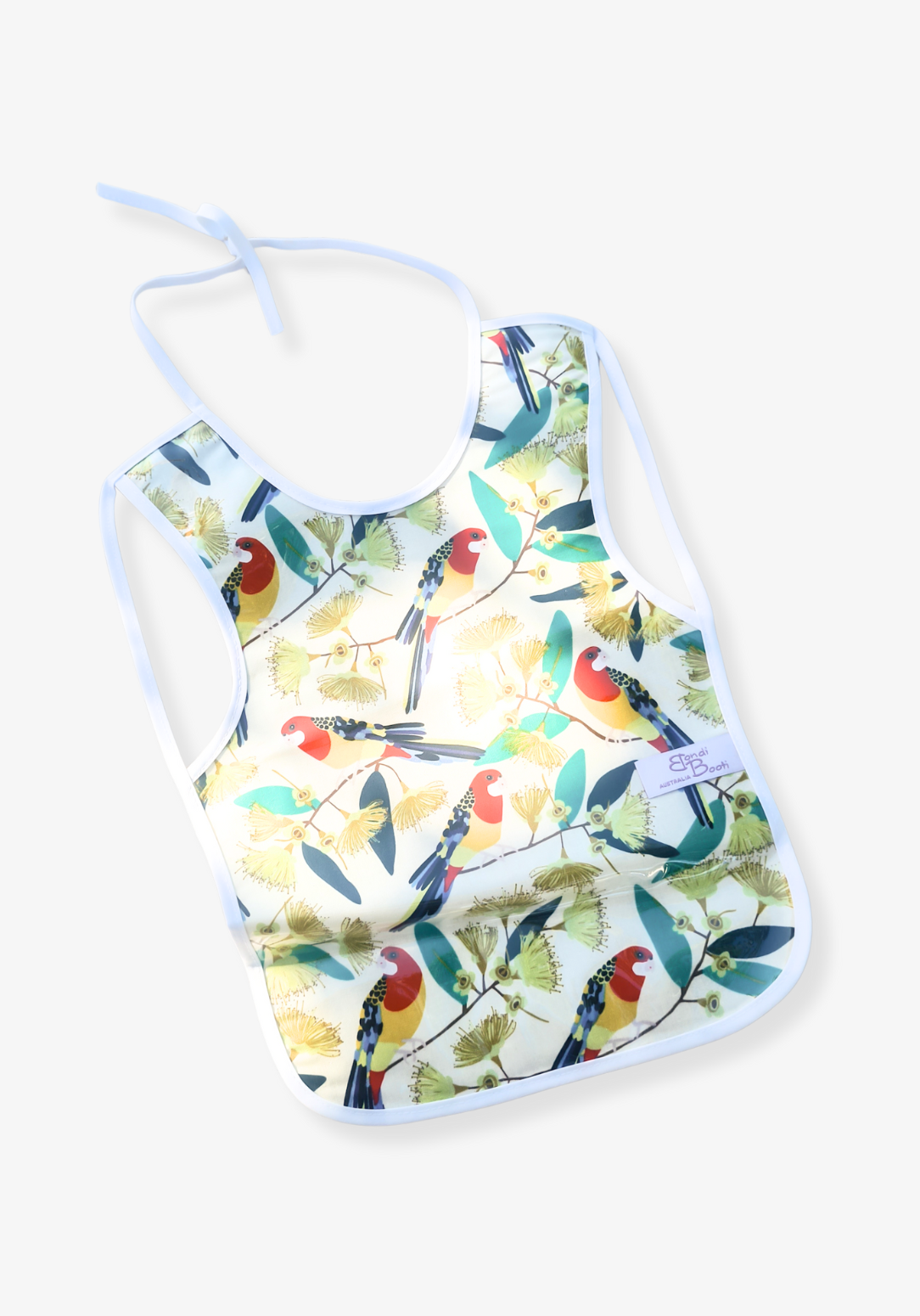 Laminated toddler feeding bib with a vibrant print of red and yellow native Australian birds perched on eucalyptus branches, white trim edges, and tie closure, displayed flat on a grey background.