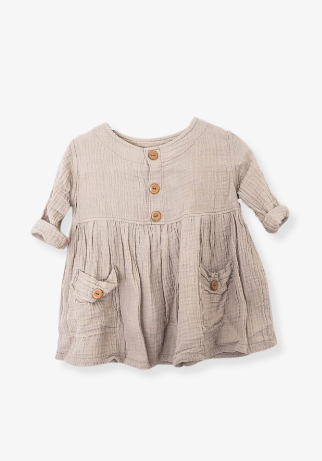 Beige organic cotton sun dress for baby girls with wooden front buttons, rolled sleeves, and front pockets