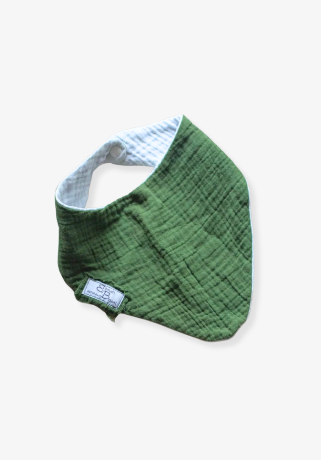 Deep green bandana-style baby bib made from soft organic cotton with absorbent inner lining.