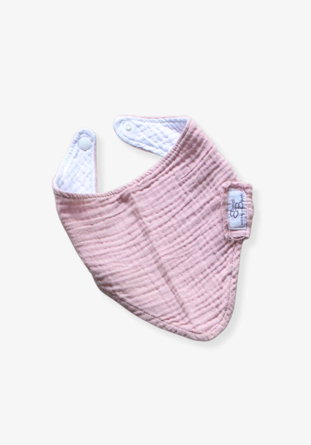 Bandana-style baby dribble bib in dusty pink made from organic cotton with absorbent lining.