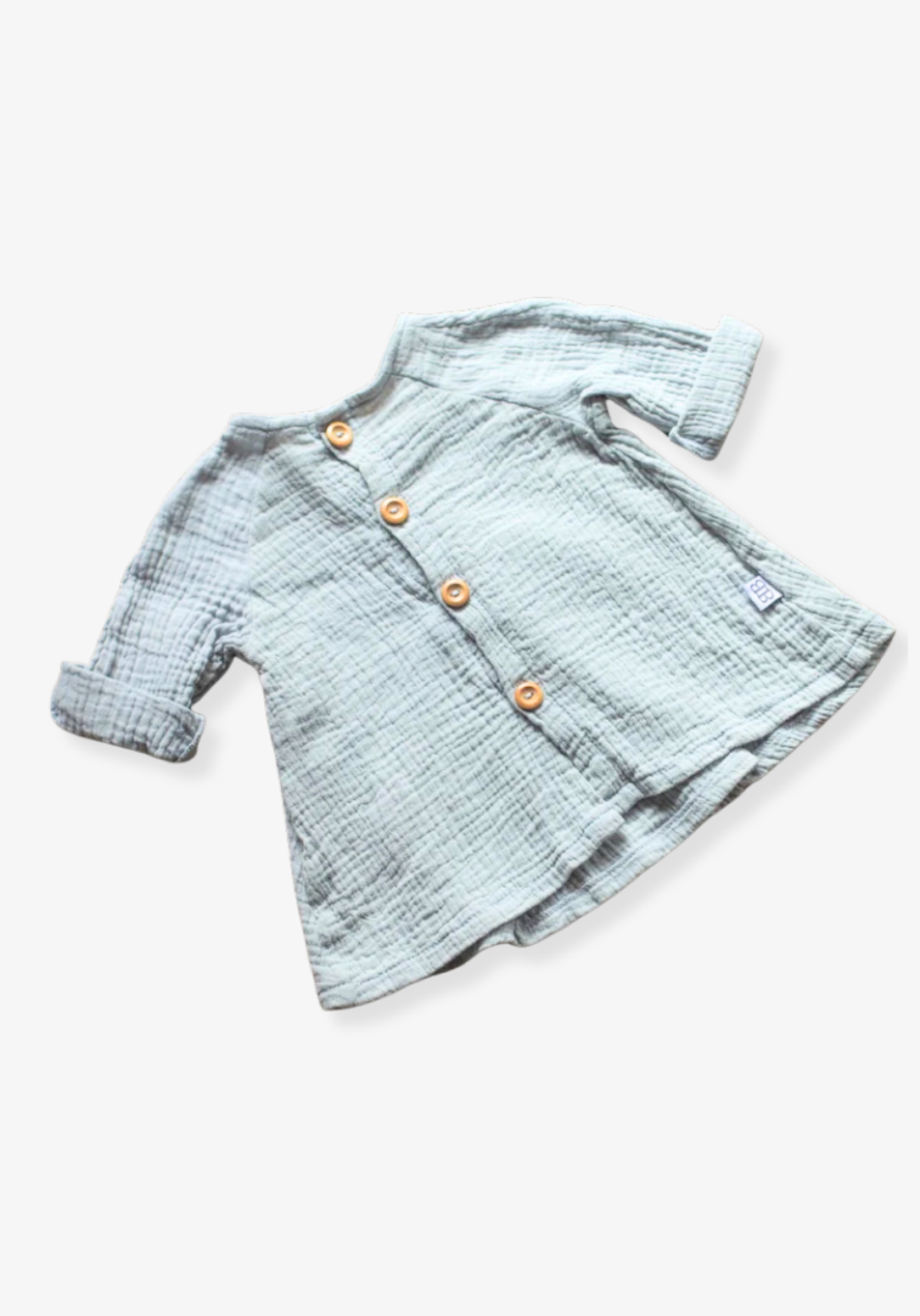 Elegant French grey cotton baby dress in boho style with embroidered lace detail, displayed on a neutral grey background