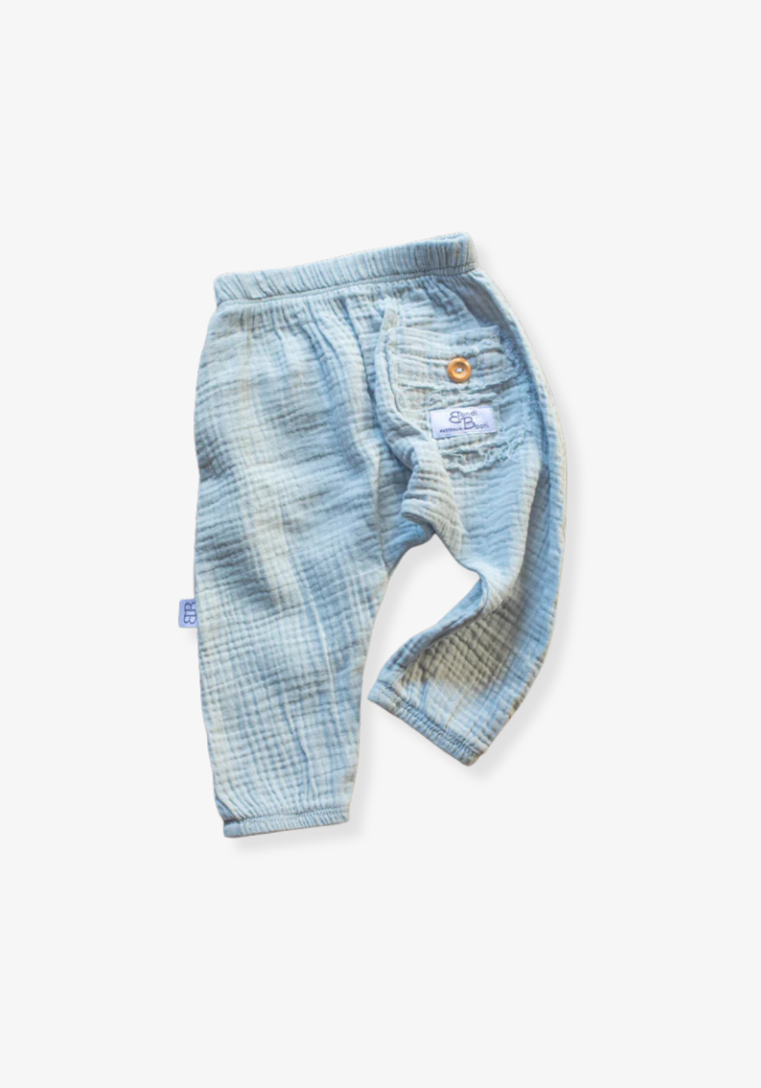 French grey organic cotton toddler harem pants with elastic waistband, wooden button, and back pocket