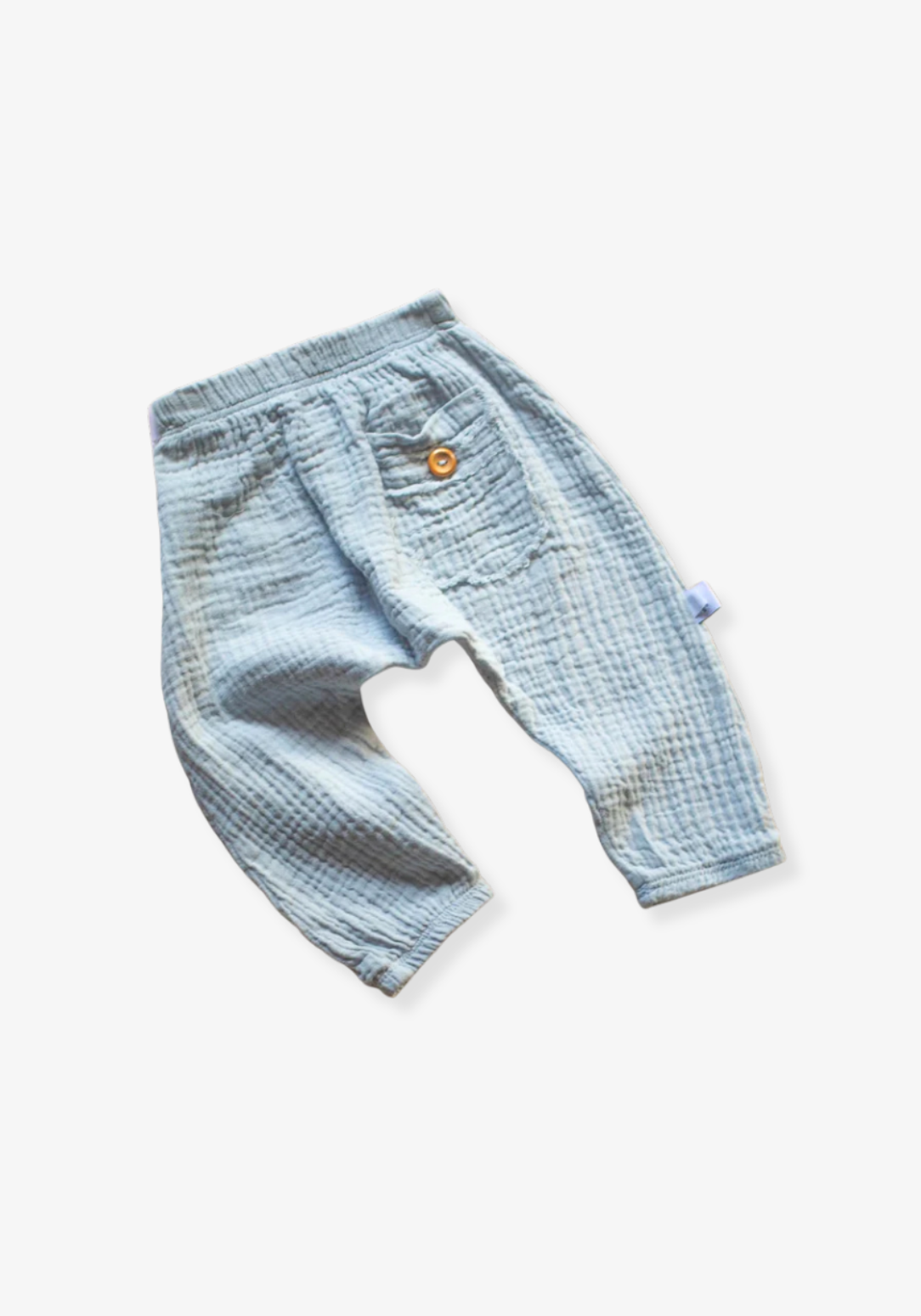 French grey organic cotton toddler harem pants with elastic waistband, wooden button, and back pocket