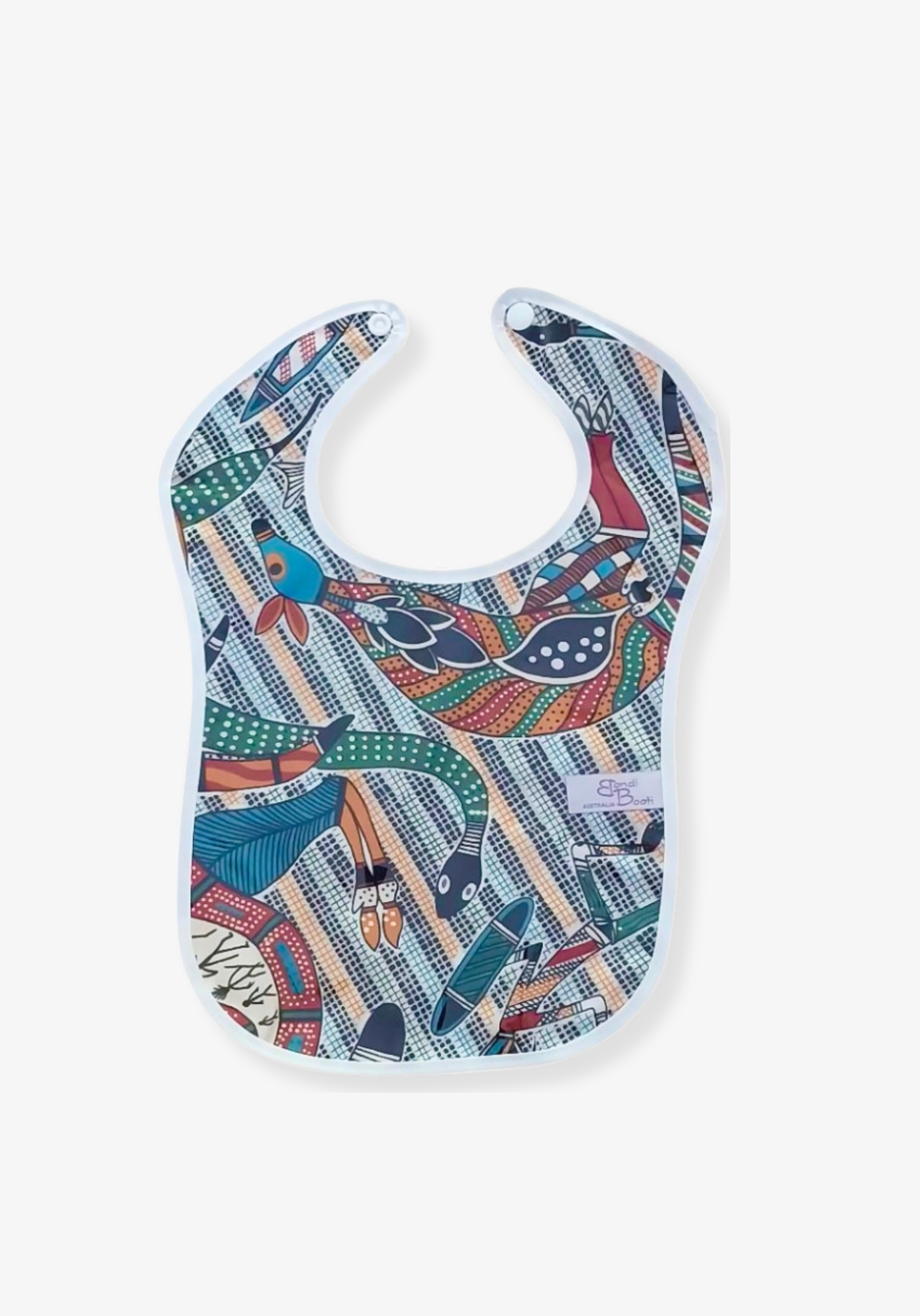 Laminated baby bib with Aboriginal-inspired bird design