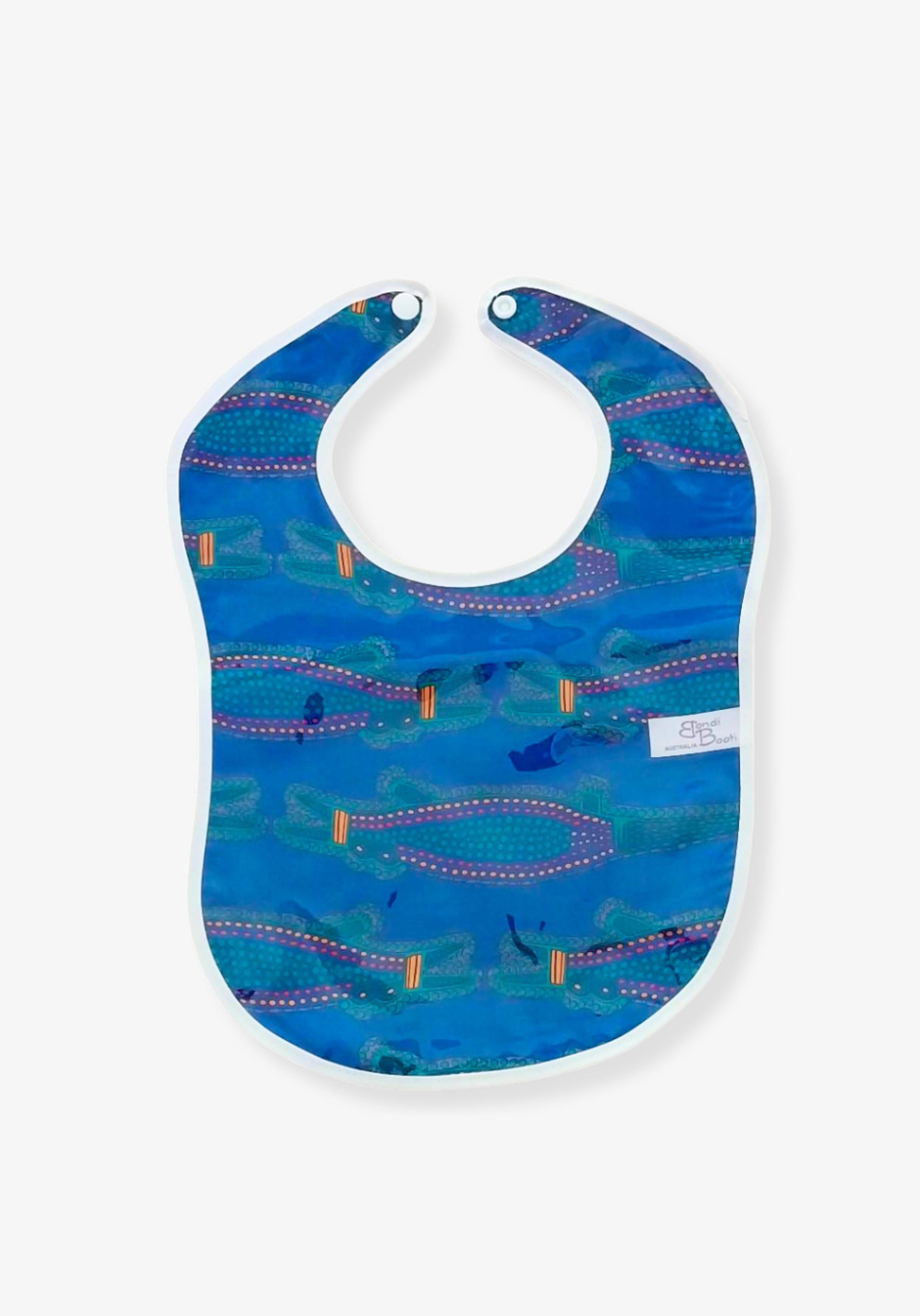 Laminated baby bib with playful alligator print