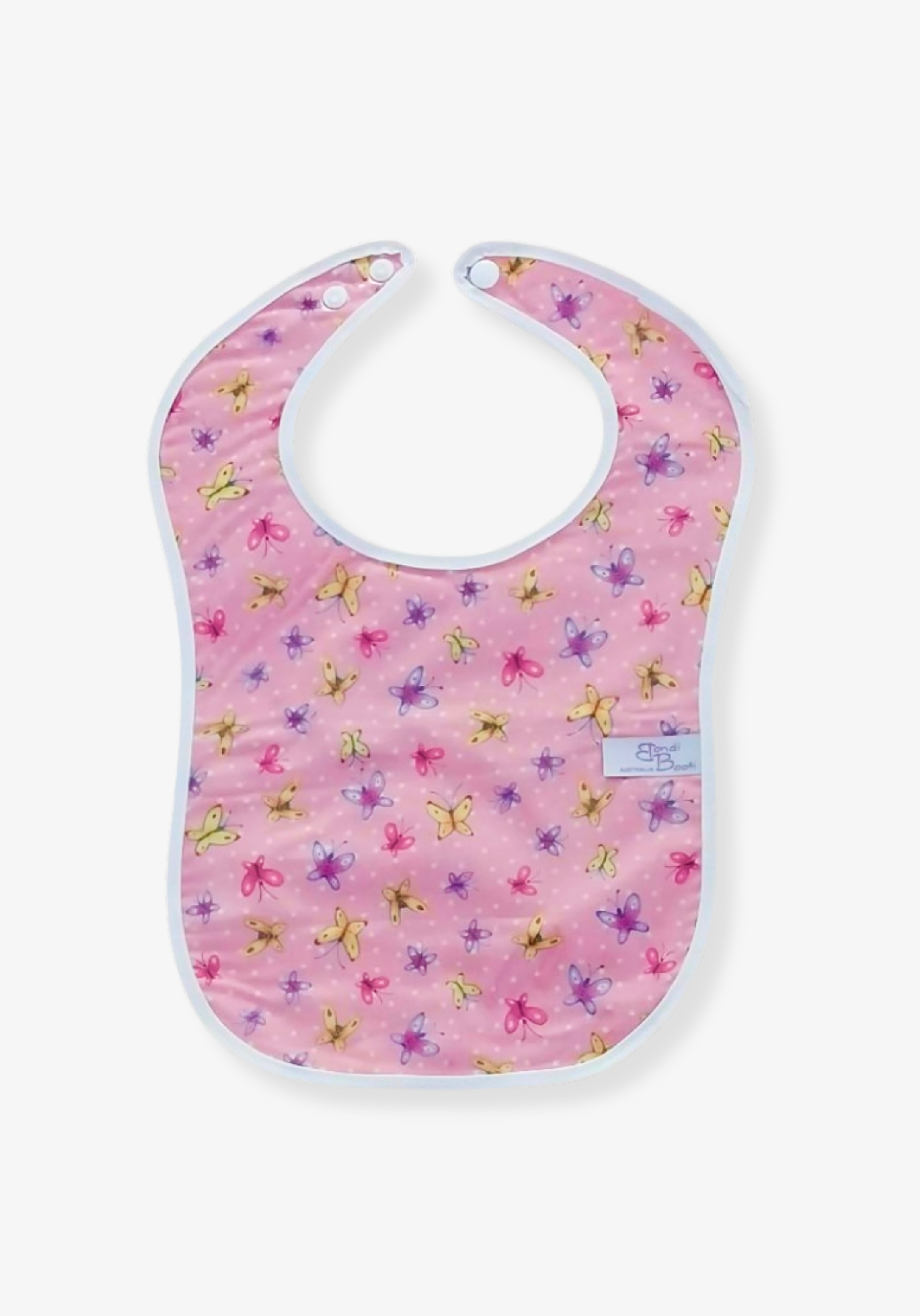 Laminated baby bib with pink background and butterfly print