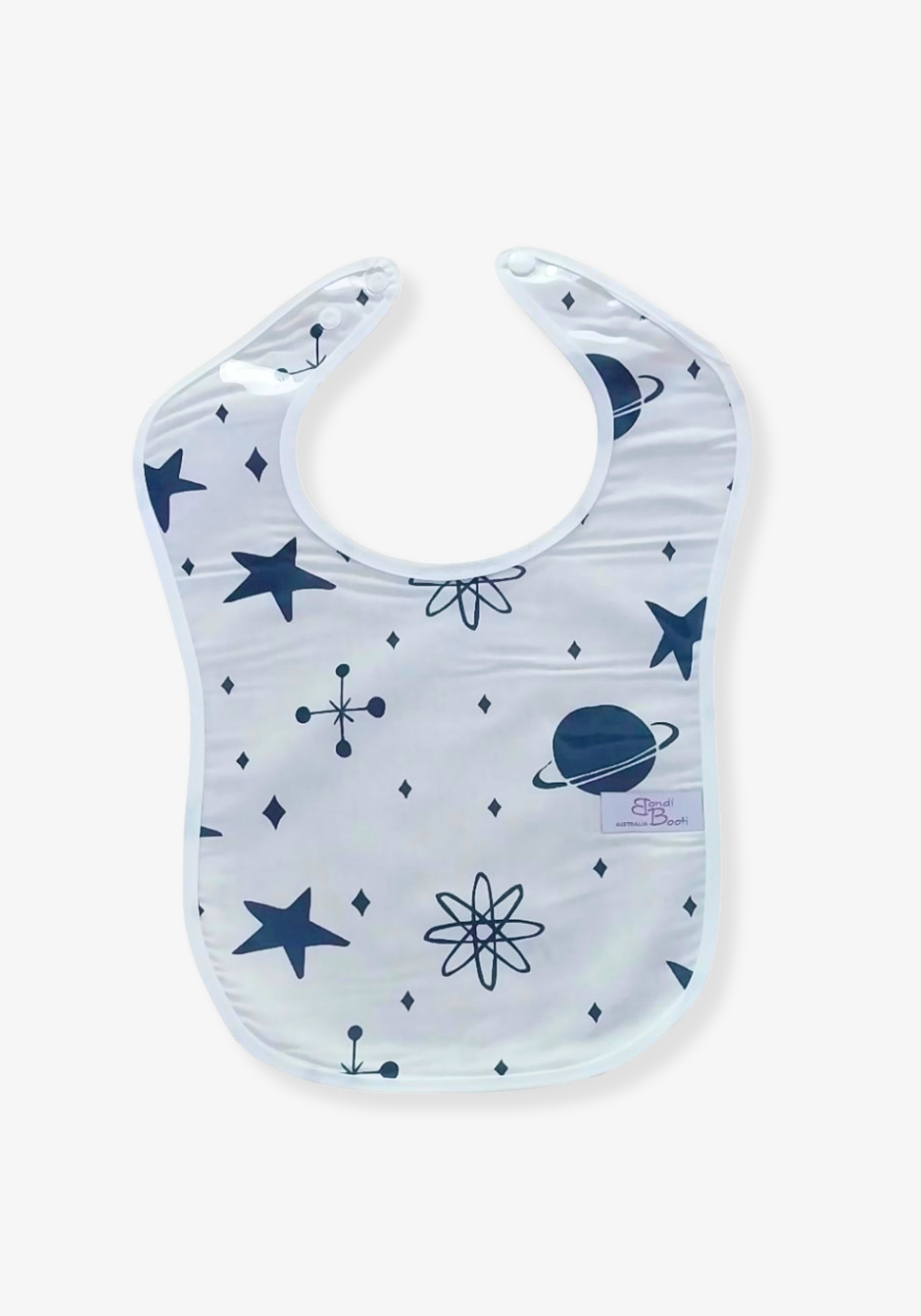 Laminated baby bib with space and planet design