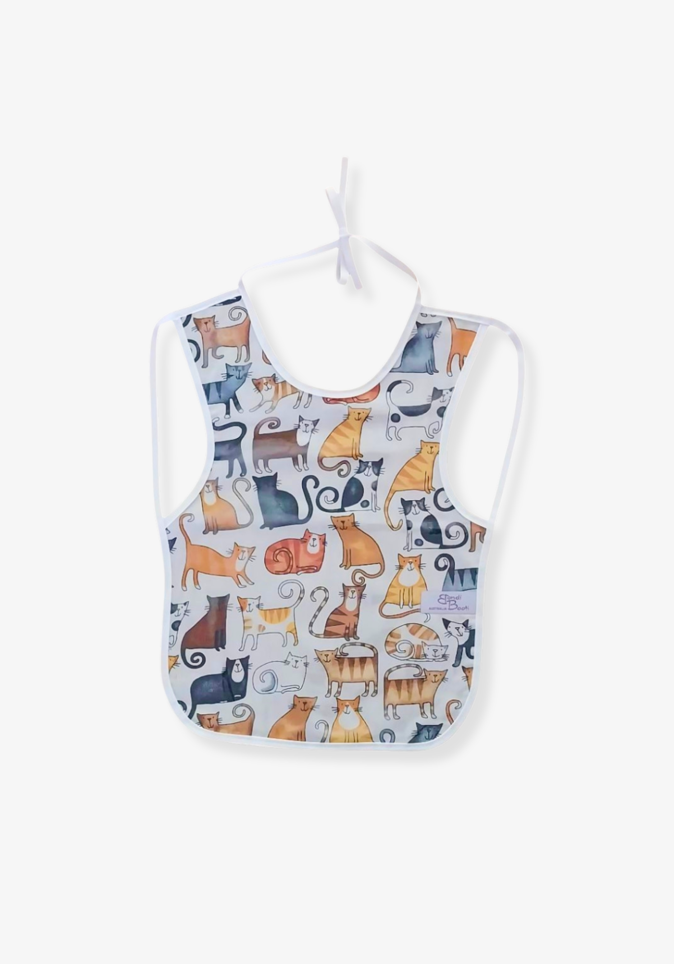 Laminated baby bib with playful cat design