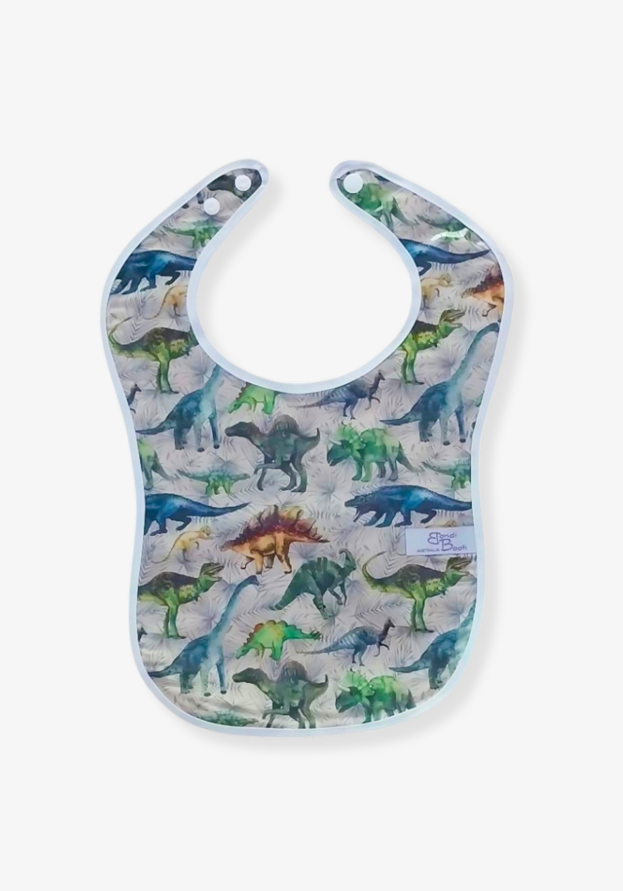Laminated baby bib with colourful dinosaur print