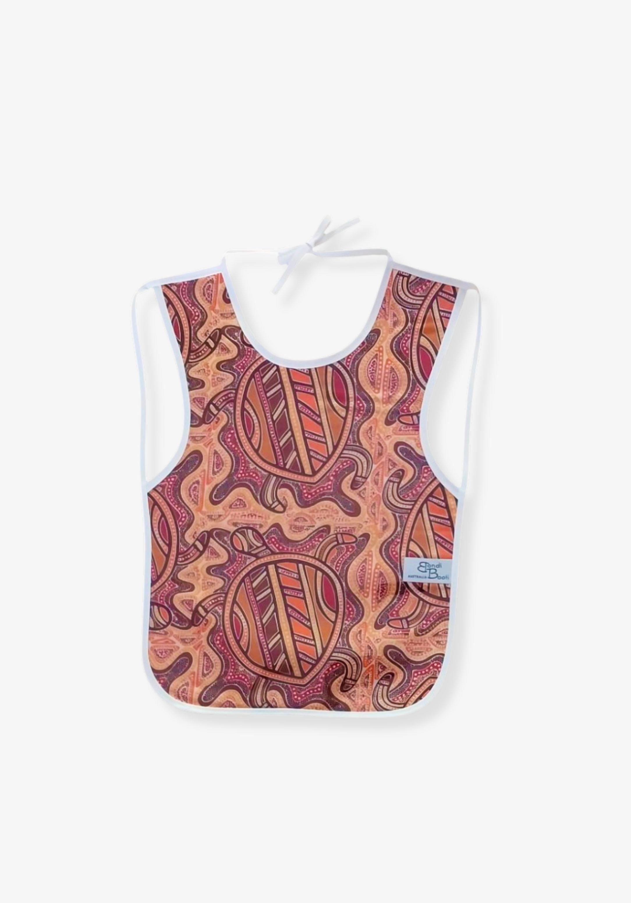 Laminated baby bib with Aboriginal-inspired turtle print