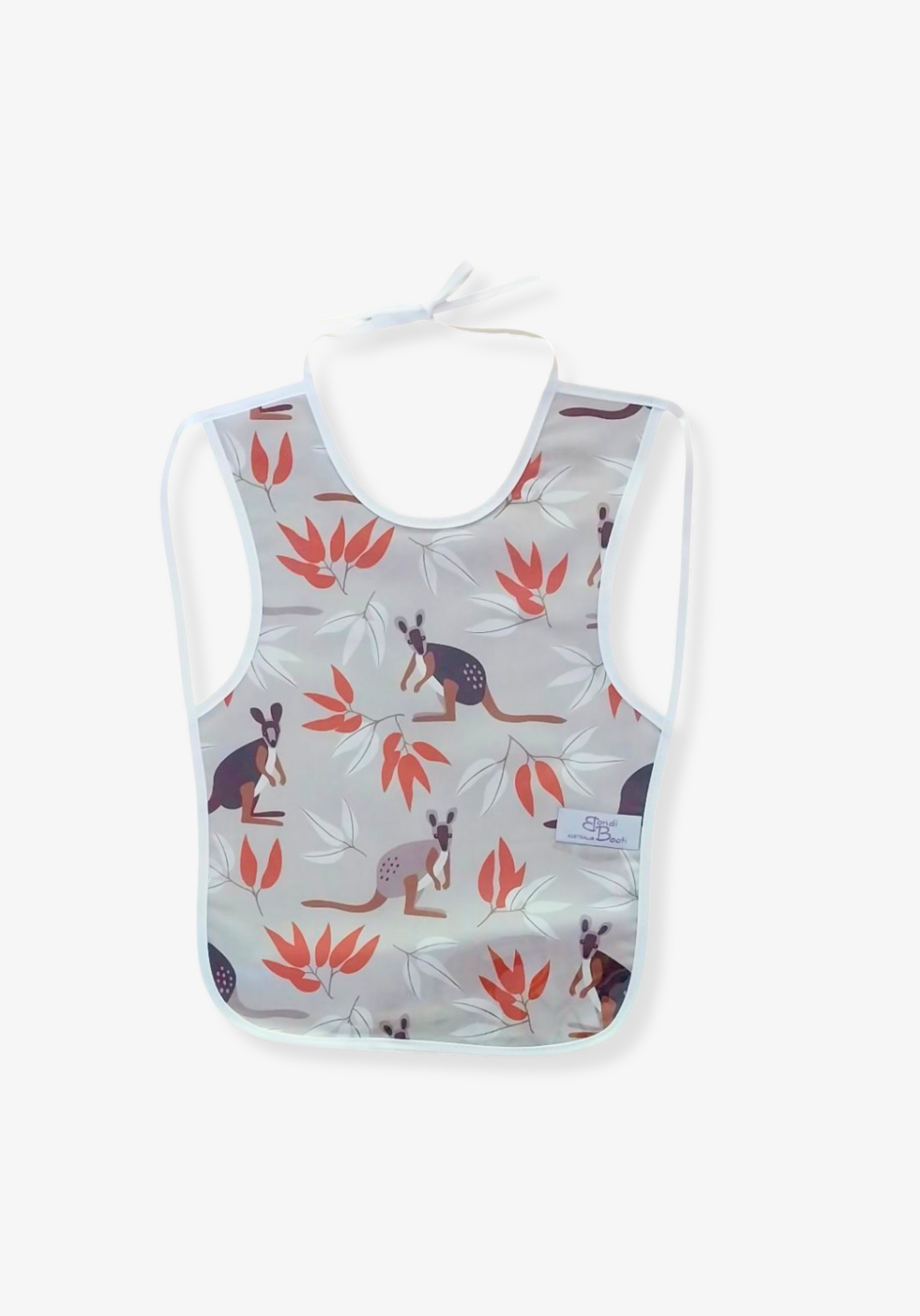Laminated baby bib with kangaroo and gum leaf design