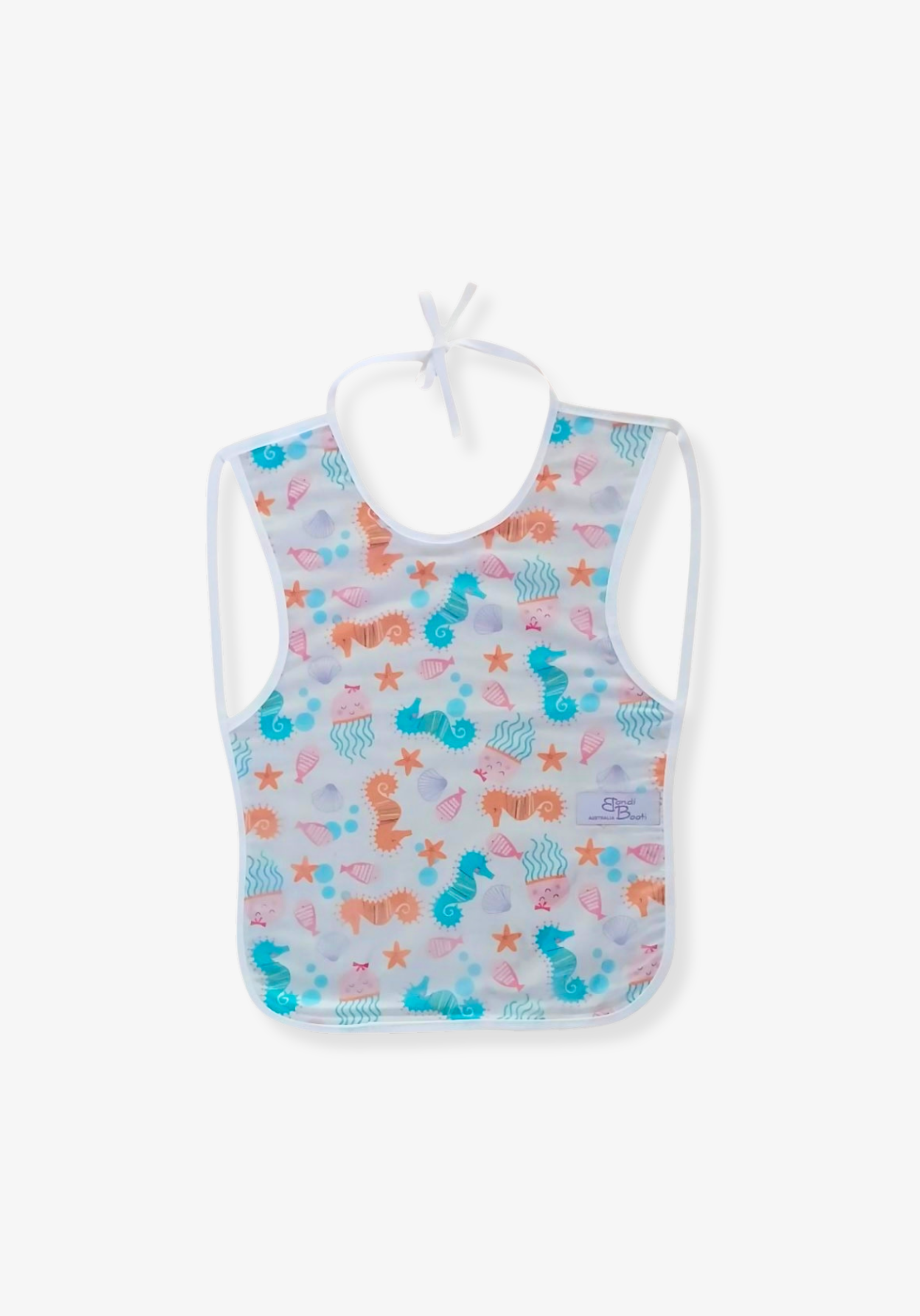 Laminated baby bib with seahorse and seashells design