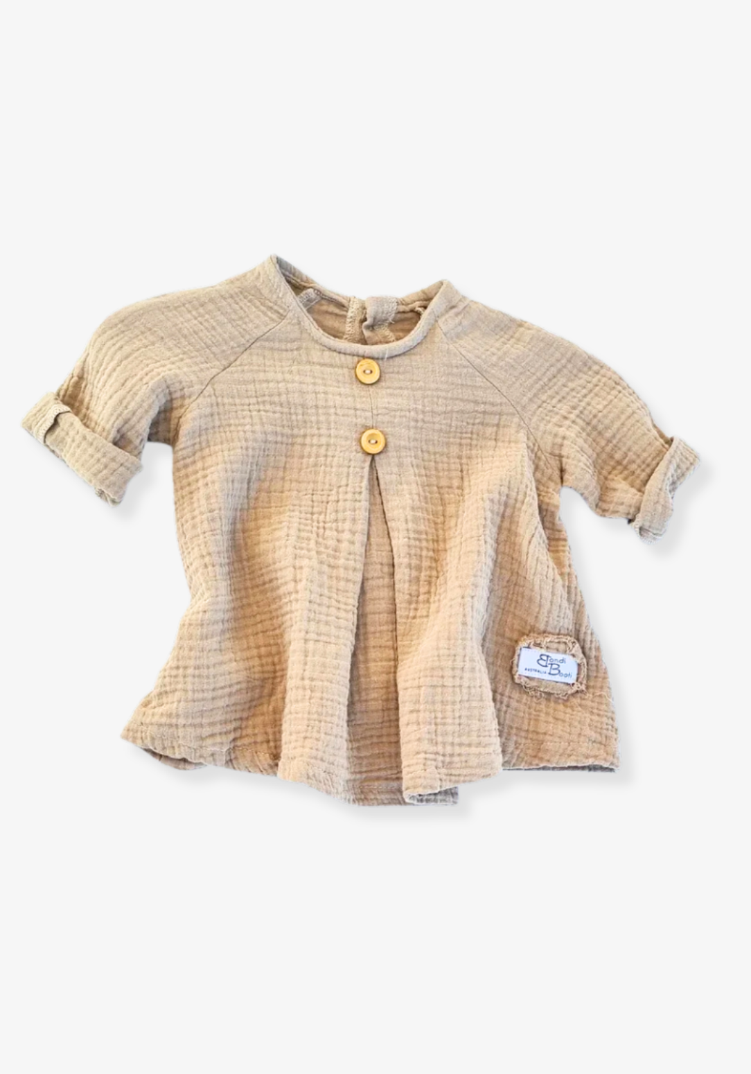 Mocha-colored cotton boho baby dress with embroidered hem, displayed on a light grey background for a neutral look