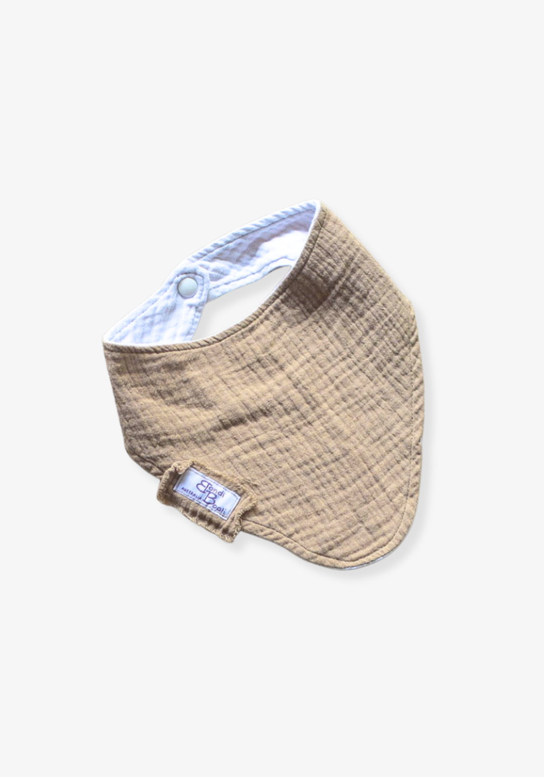 Mocha-toned bandana-style baby bib made of soft organic cotton with absorbent inner lining.