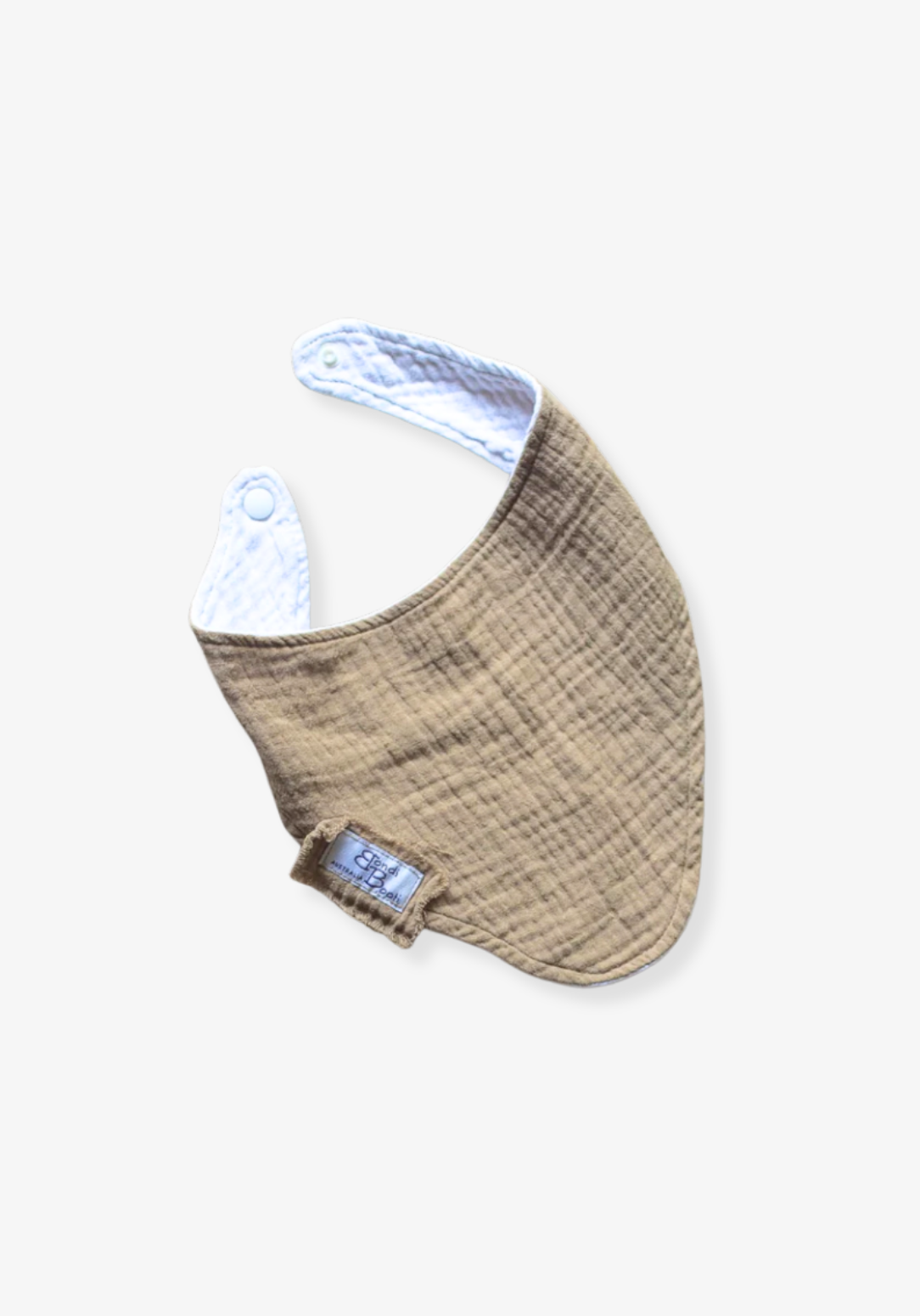 Mocha-toned bandana-style baby bib made of soft organic cotton with absorbent inner lining.