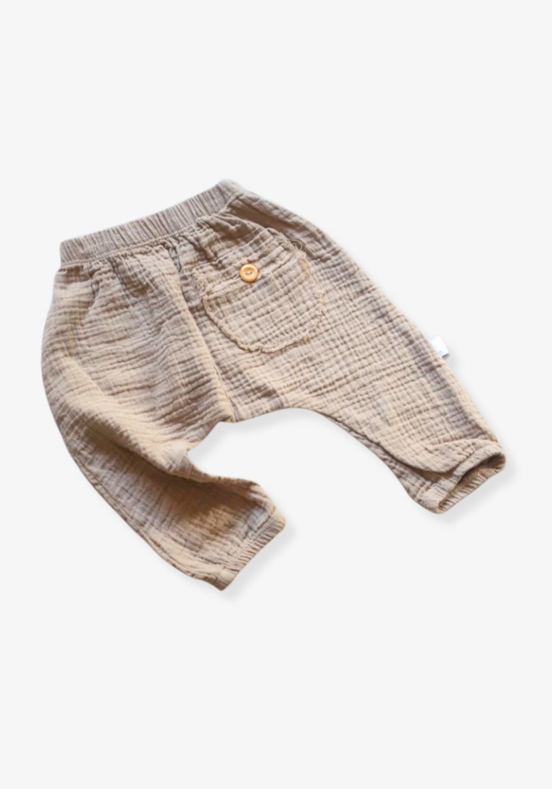 Soft mocha toddler harem pants made from breathable organic cotton with stretchy waistband and ankle cuffs.