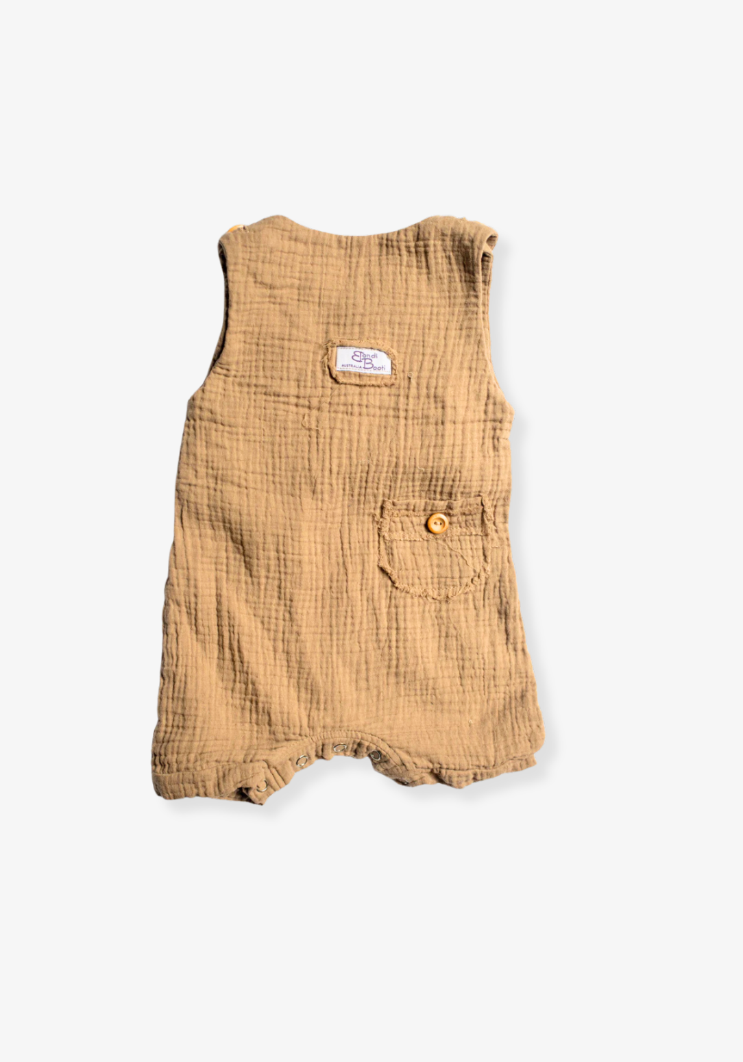 Mocha-toned organic cotton baby overall onesie with shoulder straps and a front pocket, displayed on a neutral grey background