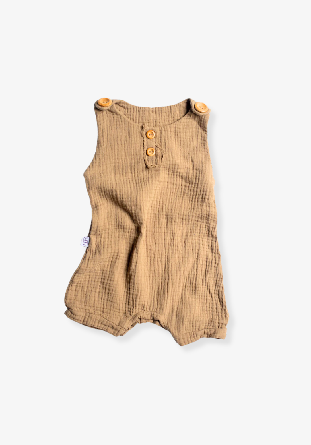 Mocha-toned organic cotton baby overall onesie with shoulder straps and a front pocket, displayed on a neutral grey background