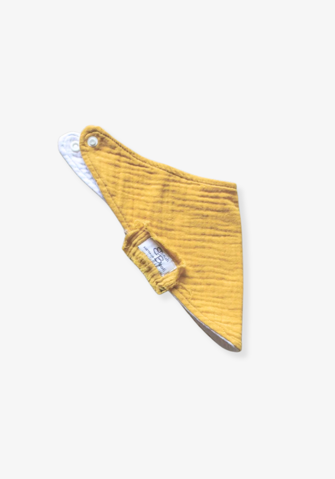Mustard yellow organic cotton baby bandana dribble bib with soft fabric and snap closure.