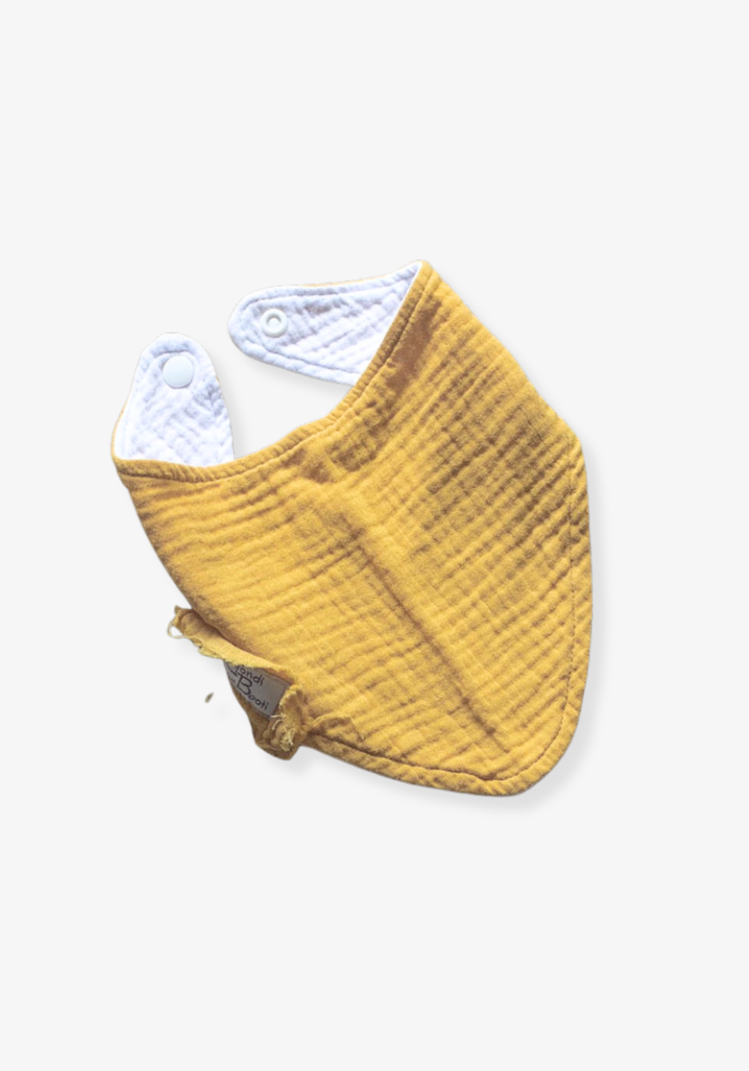 Mustard yellow organic cotton baby bandana dribble bib with soft fabric and snap closure.
