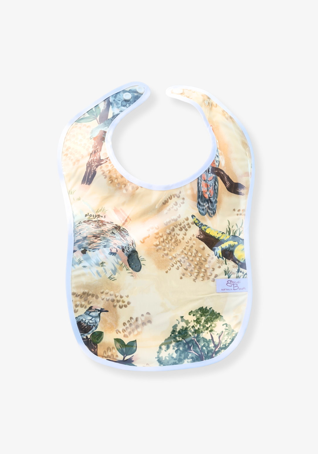 Laminated baby feeding bib featuring illustrated native Australian animals, including a platypus and birds, with a soft white trim and snap closure, laid flat on a grey background.