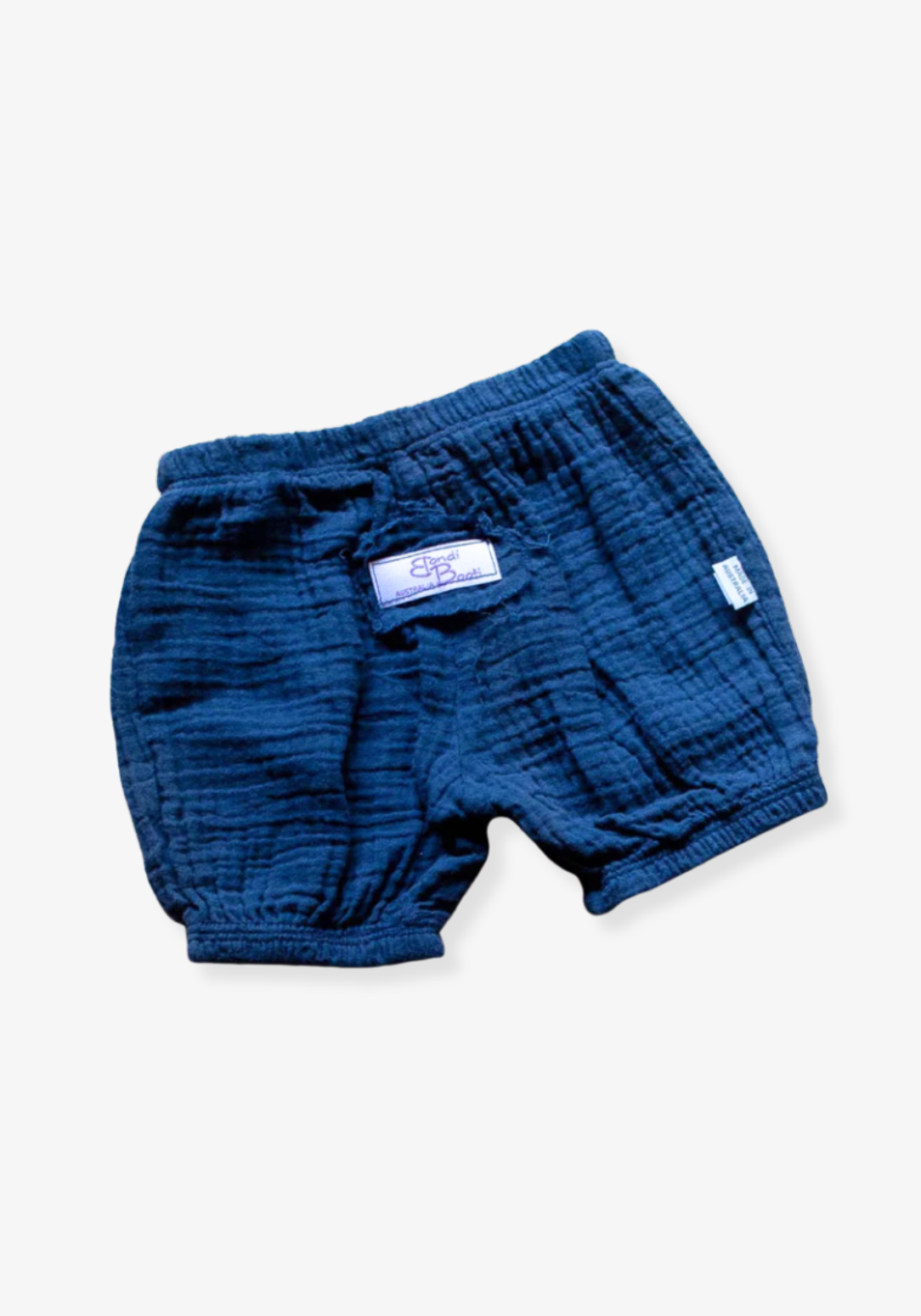 Navy blue organic cotton baby bloomers with soft elastic waist and leg openings.