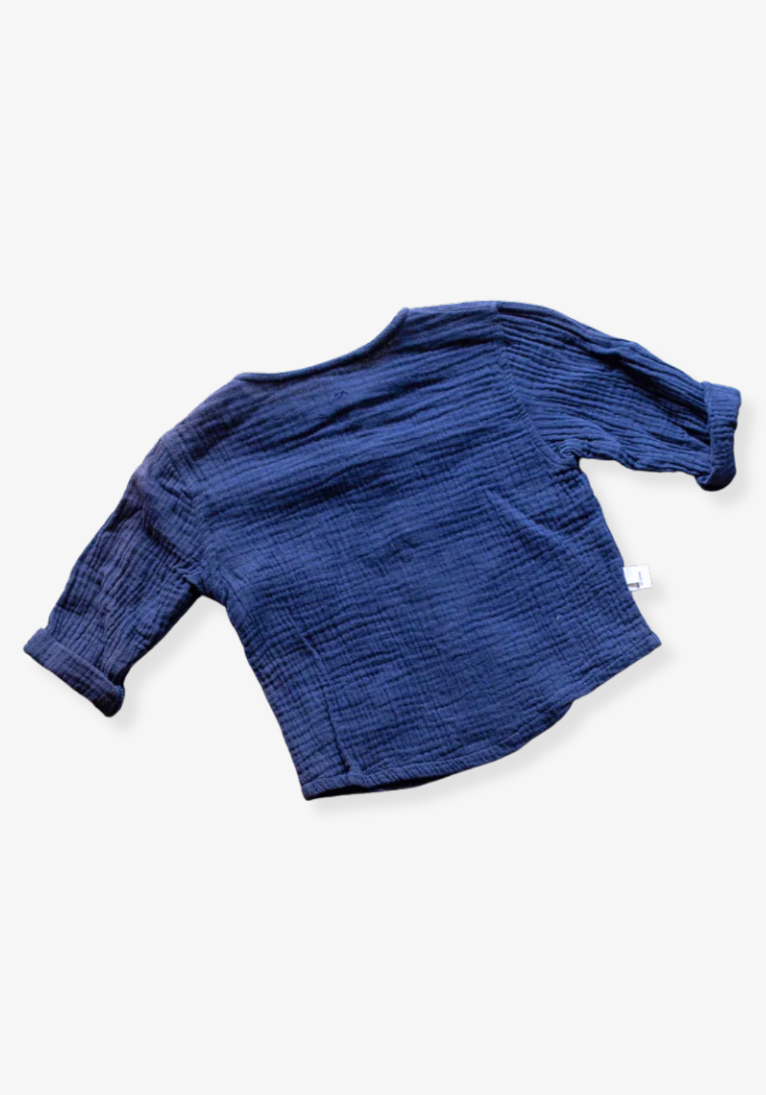 Navy island-style baby and toddler shirt made from organic cotton with wooden buttons and short sleeves