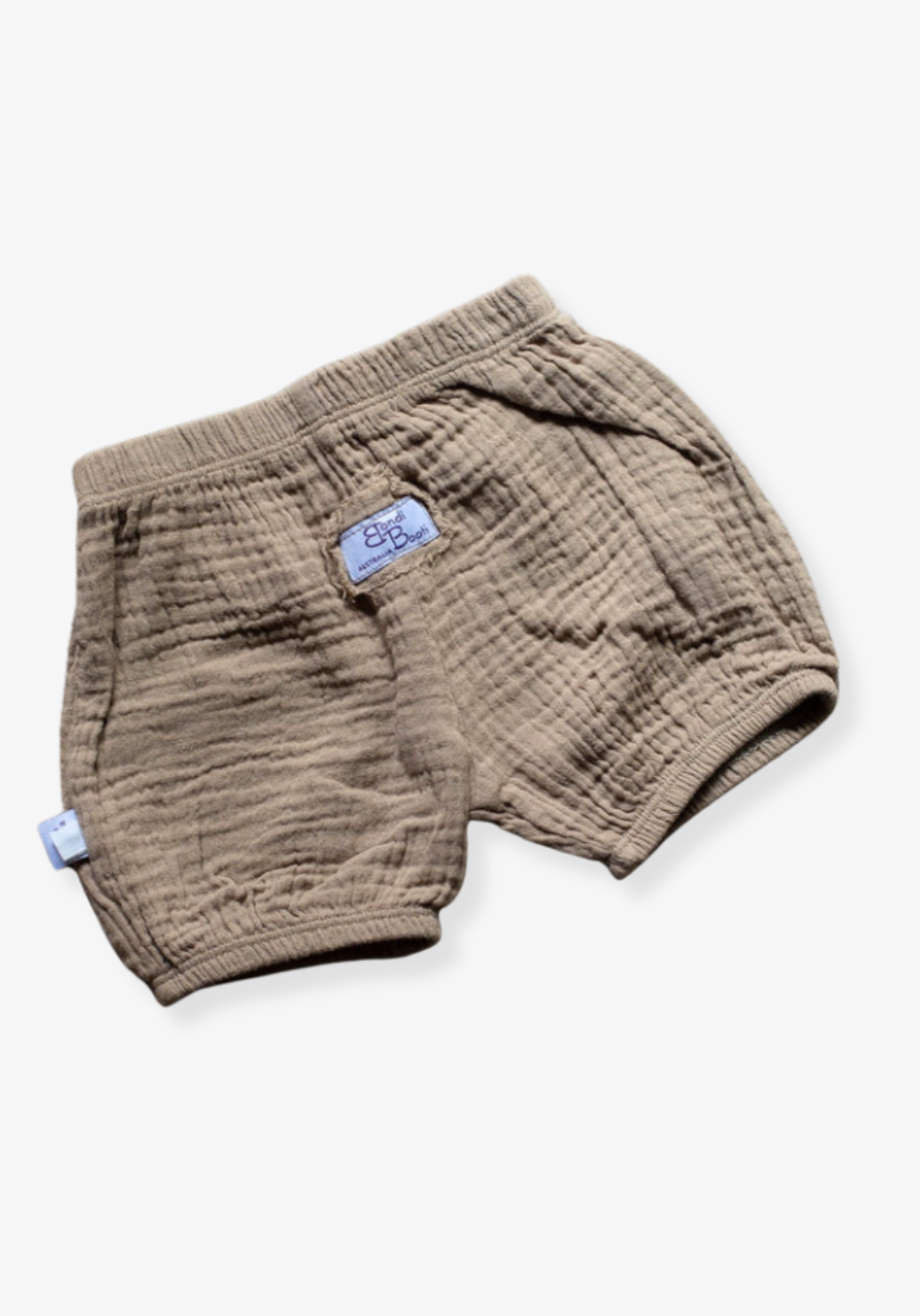 Mocha organic cotton baby bloomers with soft elastic waistband and leg openings, perfect for warm weather