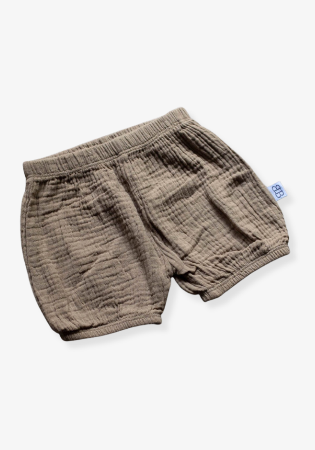 Mocha organic cotton baby bloomers with soft elastic waistband and leg openings, perfect for warm weather