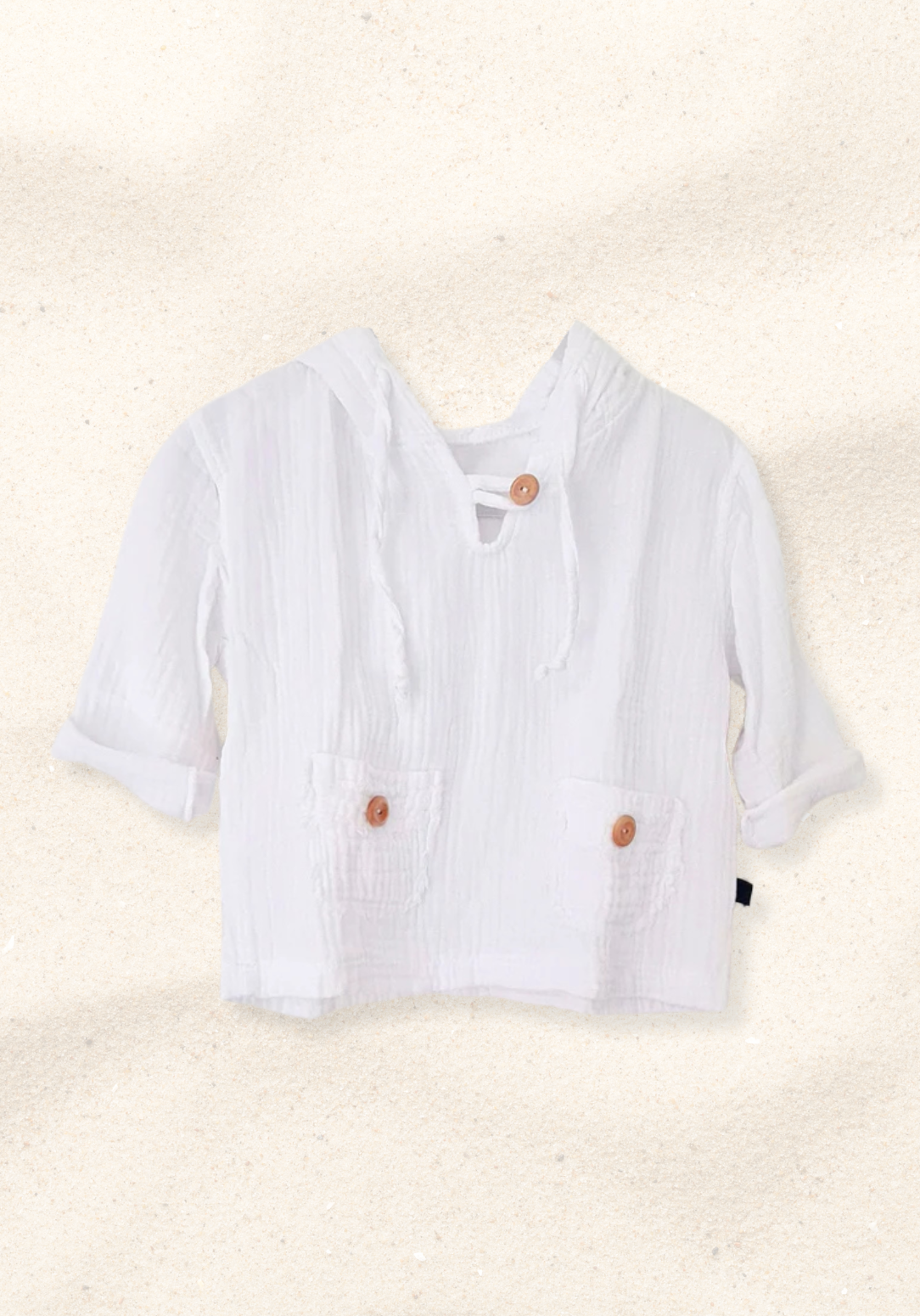 White organic cotton baby hoodie featuring front pockets and wooden buttons