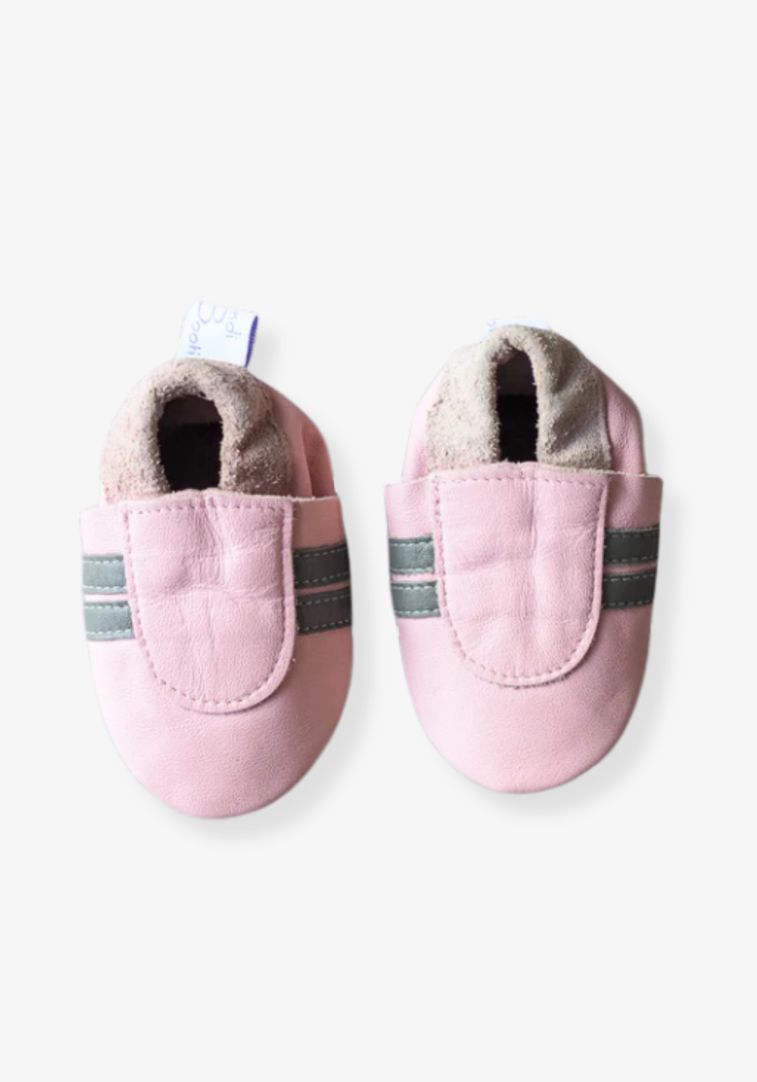 Pink Frost leather soft sole baby booties with elastic ankle and suede finish.