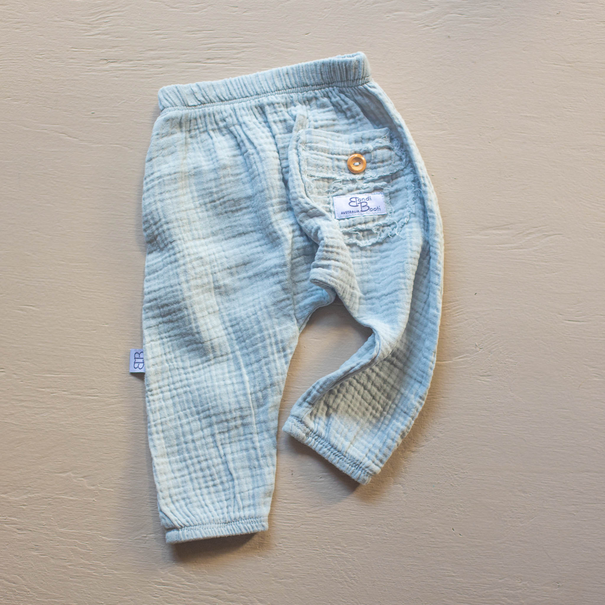 soft organic cotton neutral baby and toddler harem pants blue
