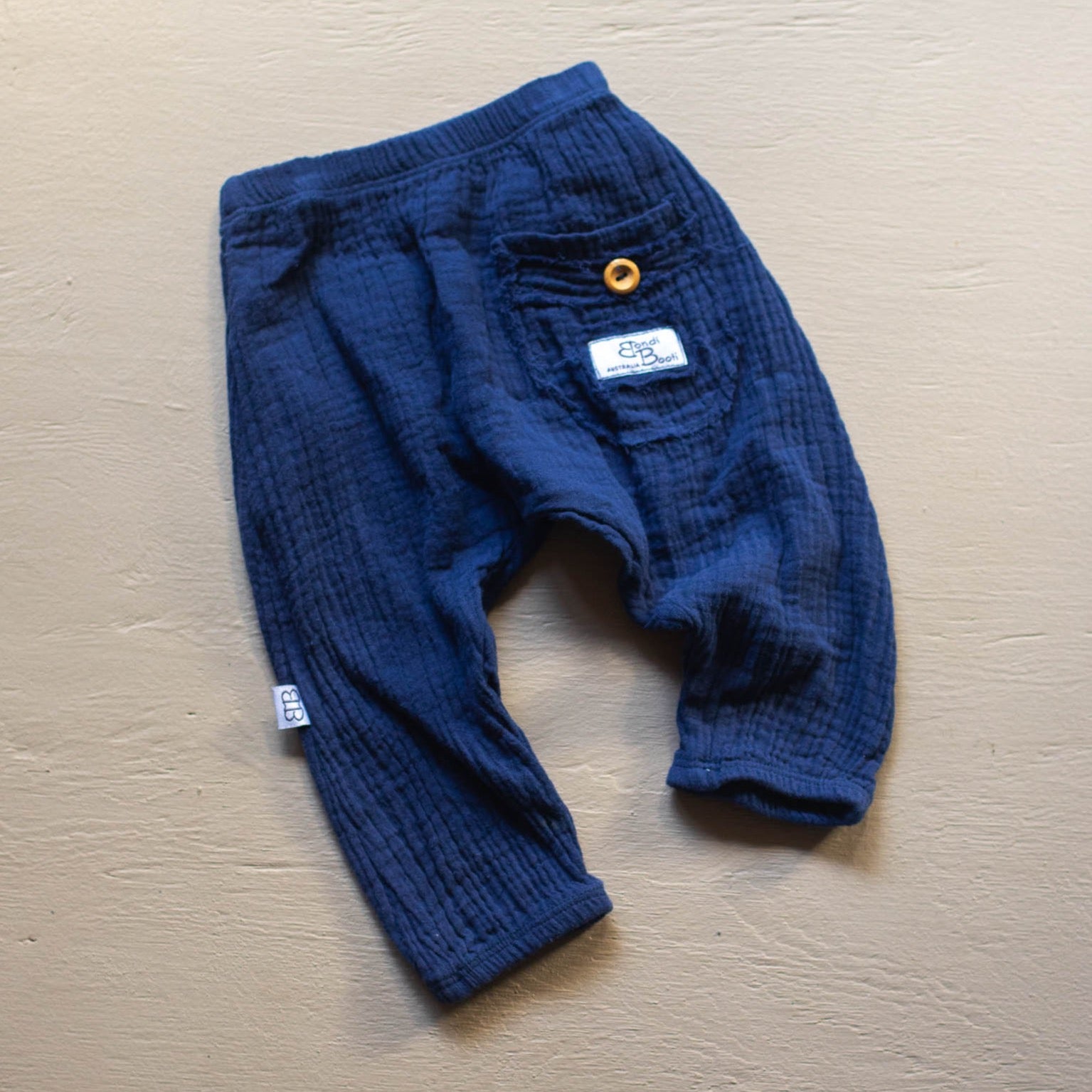 soft organic cotton neutral baby and toddler harem pants navy