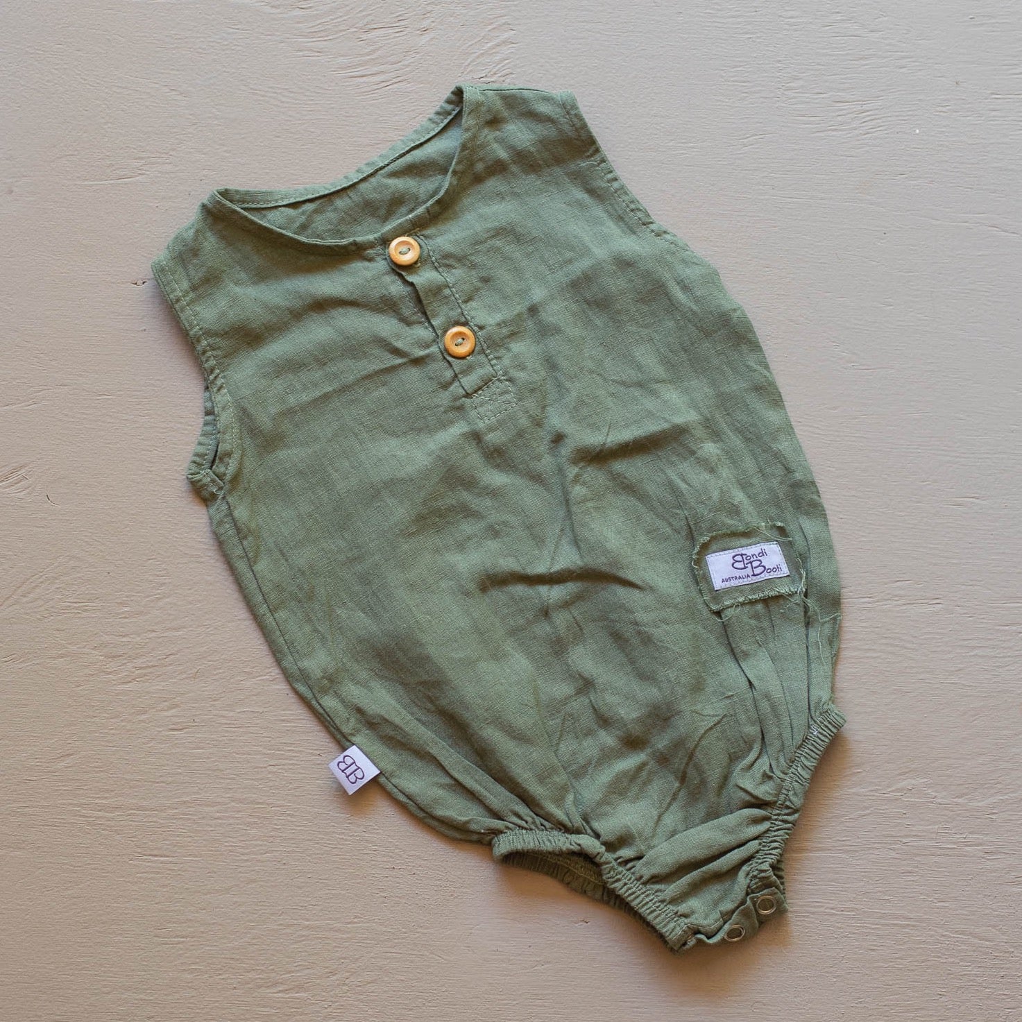 Neutral Baby romper sage green onesie jumpsuit linen Australian made